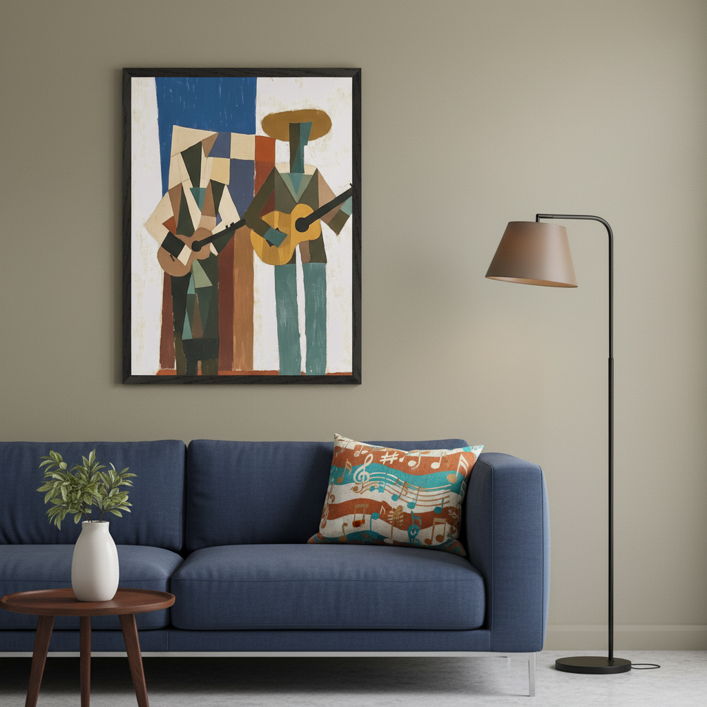 Modern living room with a navy blue sofa. Above the sofa hangs a framed abstract painting depicting two figures in hats playing guitars. A dark wood side table with a plant is on the left, and a floor lamp with a brown shade is on the right.