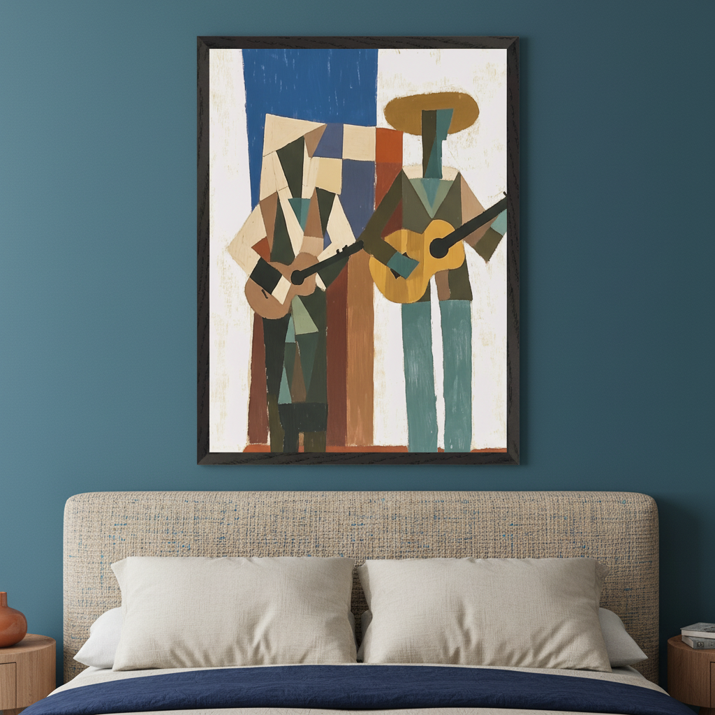 Modern bedroom with a deep blue wall. A framed abstract art of two figures playing guitars hangs centered above a bed with a beige headboard and pillows.