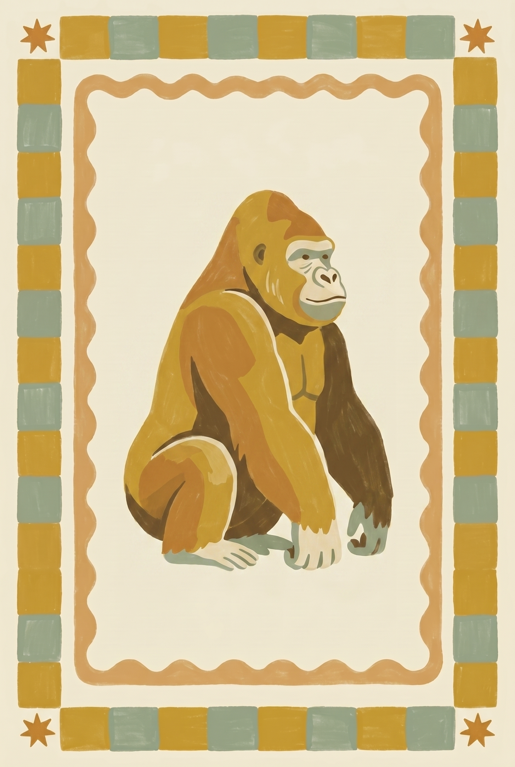 Mustard Checkered Border Gorilla Wall Art - Golden Great Ape
