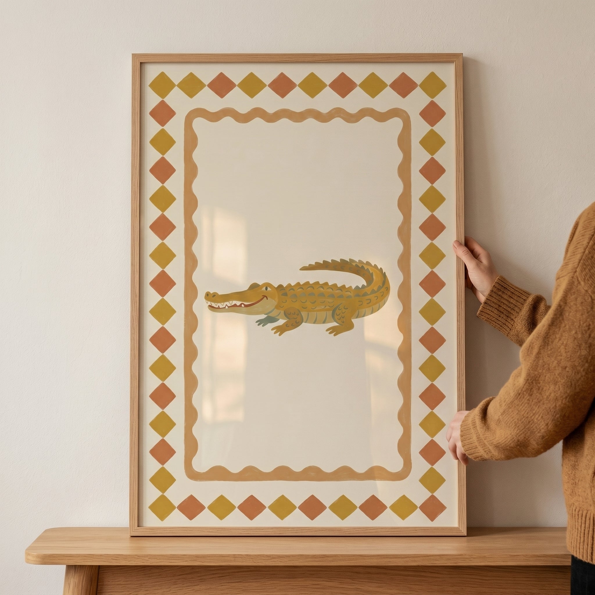 Mustard Diamond Border Crocodile Wall Art - Smiling Gator Art