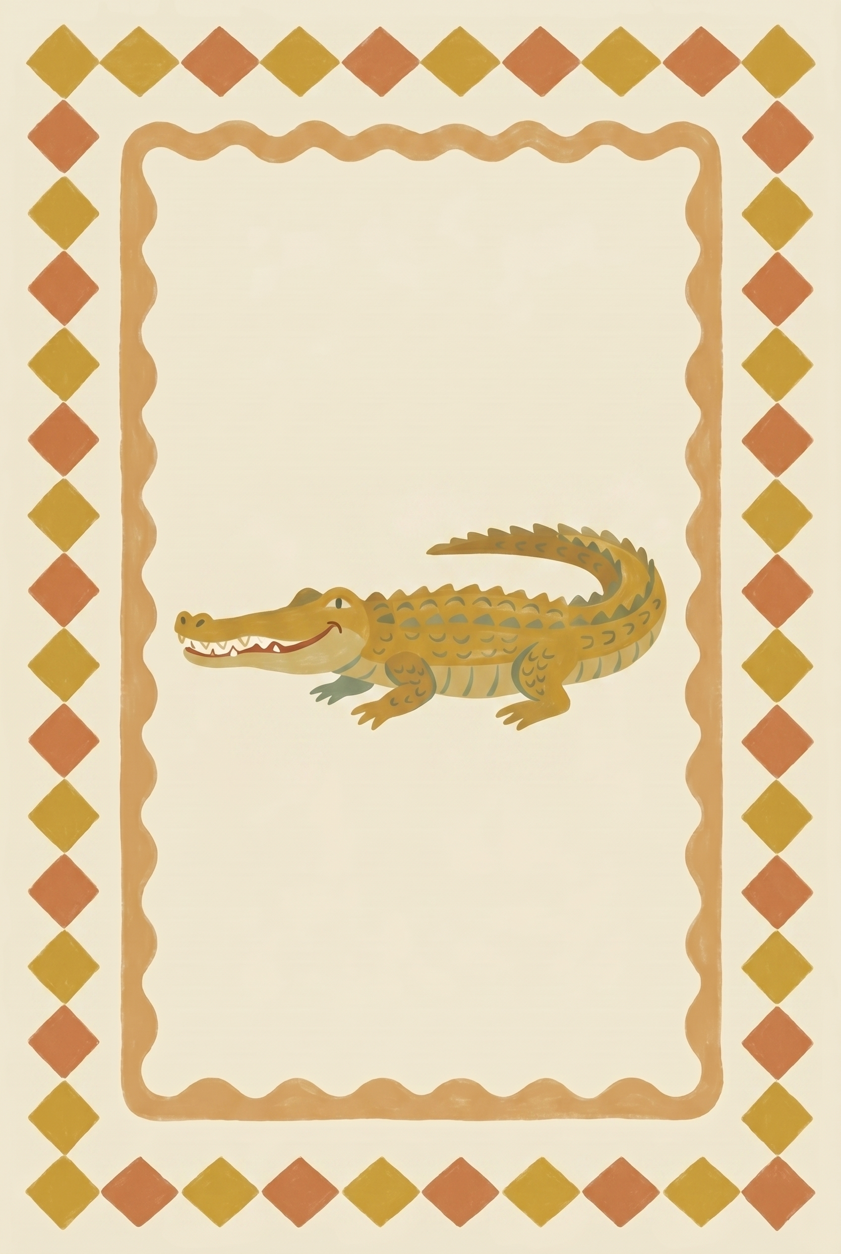 Mustard Diamond Border Crocodile Wall Art - Smiling Gator Art