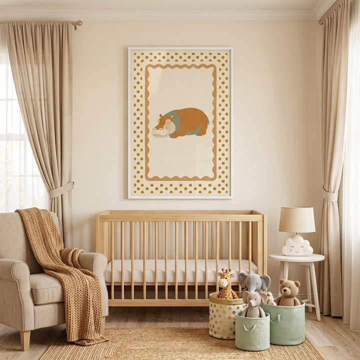 Mustard polka dot hippo wall art hangs above a wooden crib in a neutral nursery with an armchair and toy storage baskets.