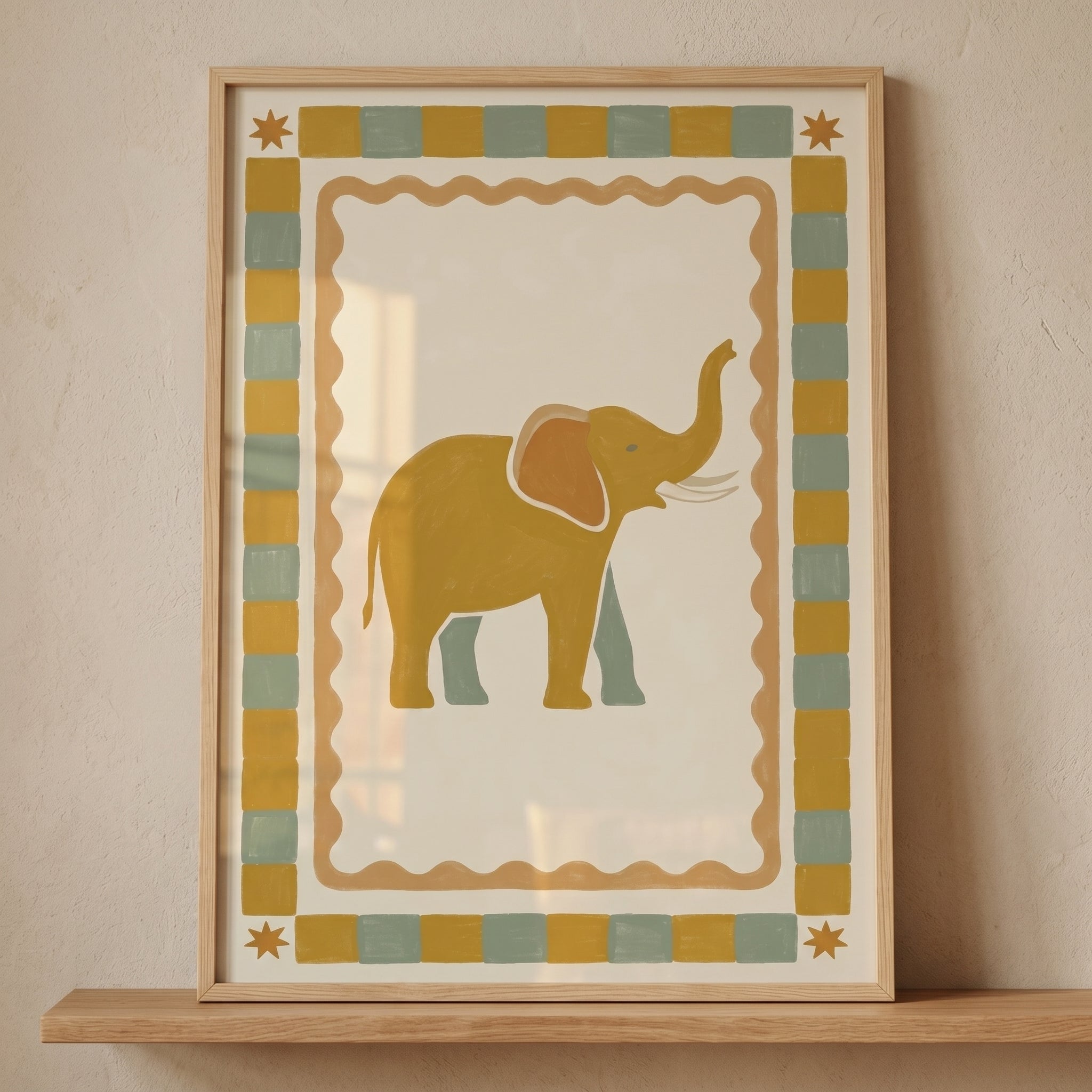 Mustard Star Motif Elephant Wall Art - Golden Safari Elephant