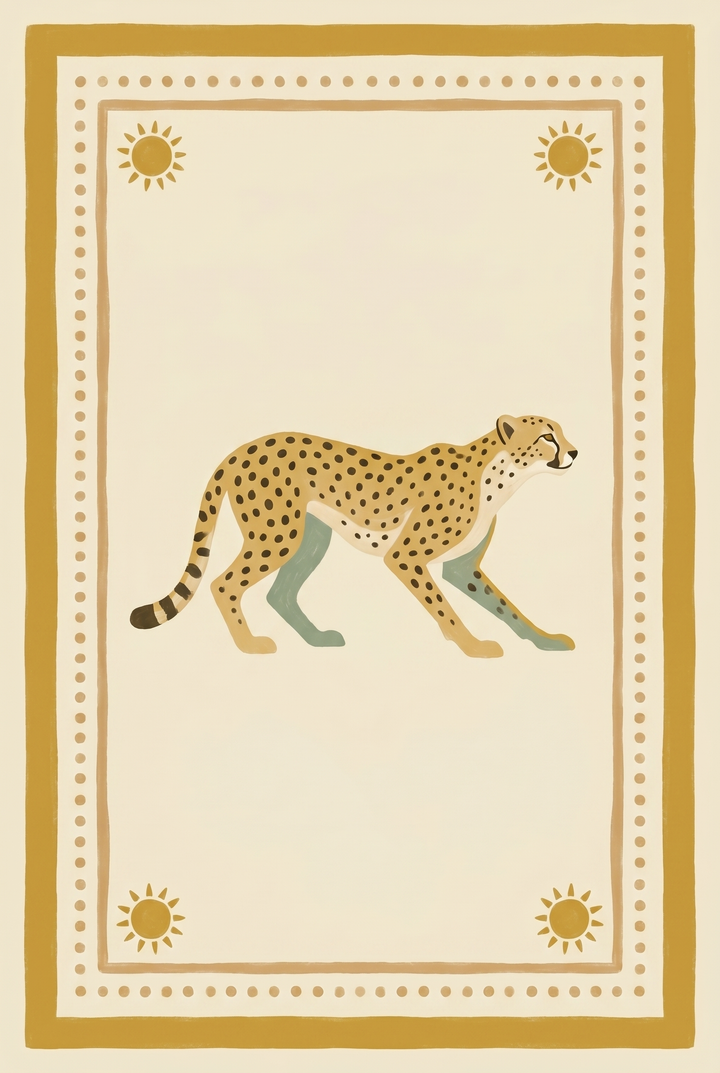 Mustard sun border cheetah wall art with a stylized cheetah walking inside a decorative dotted frame with corner suns.