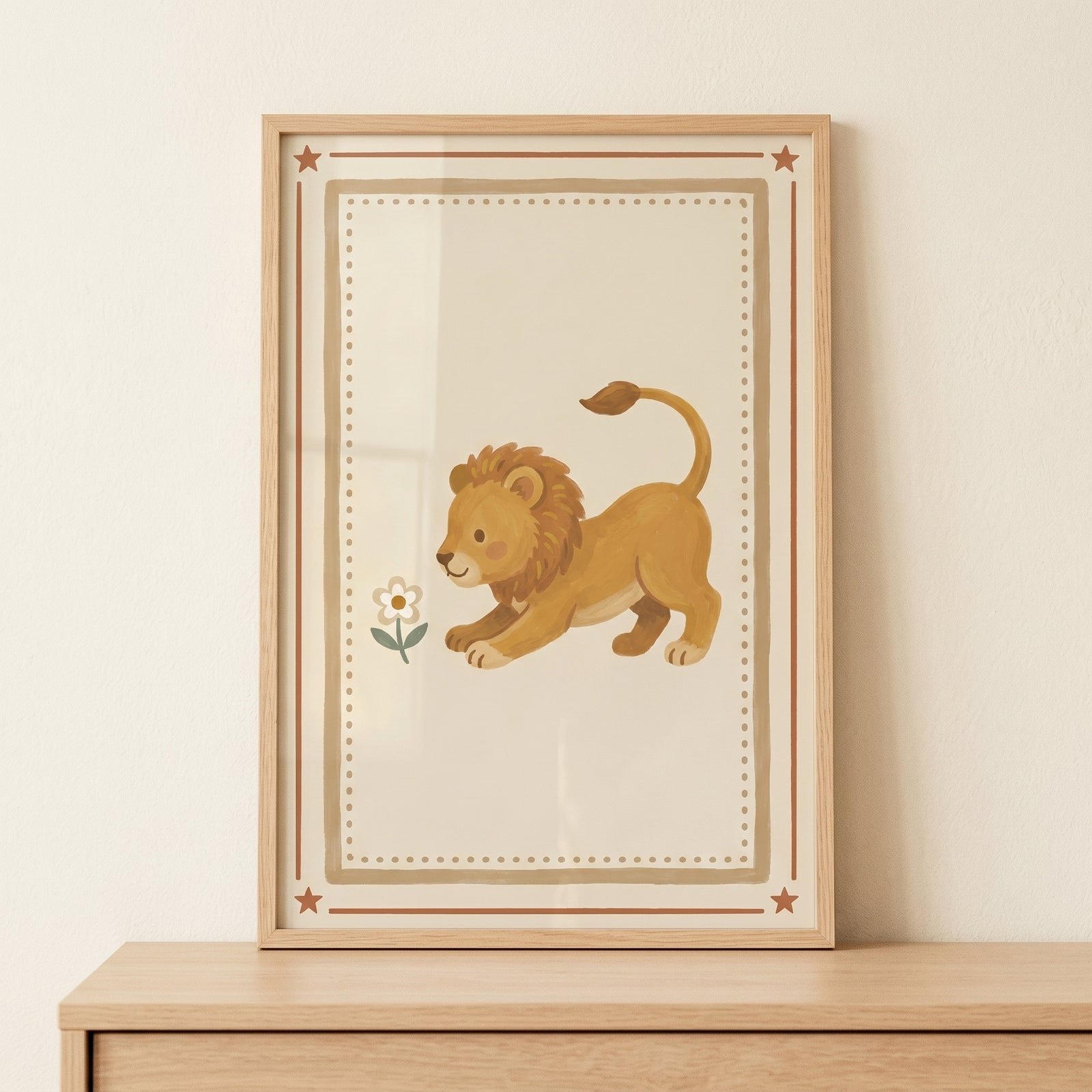 Mustard yellow mane lion wall art features a cute cartoon lion looking at a flower inside a light wood frame.