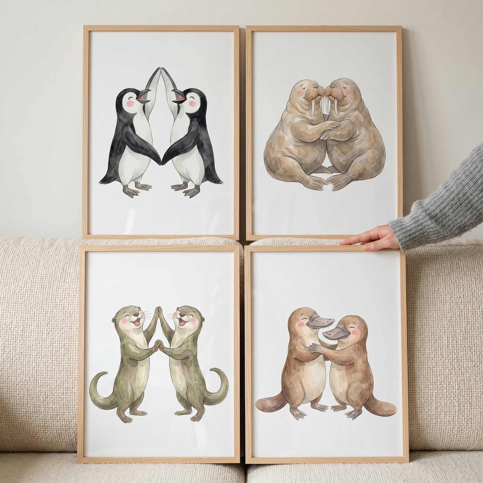 Muted animal pair wall art set of 4 featuring penguins, walruses, otters, and platypuses in light wood frames.