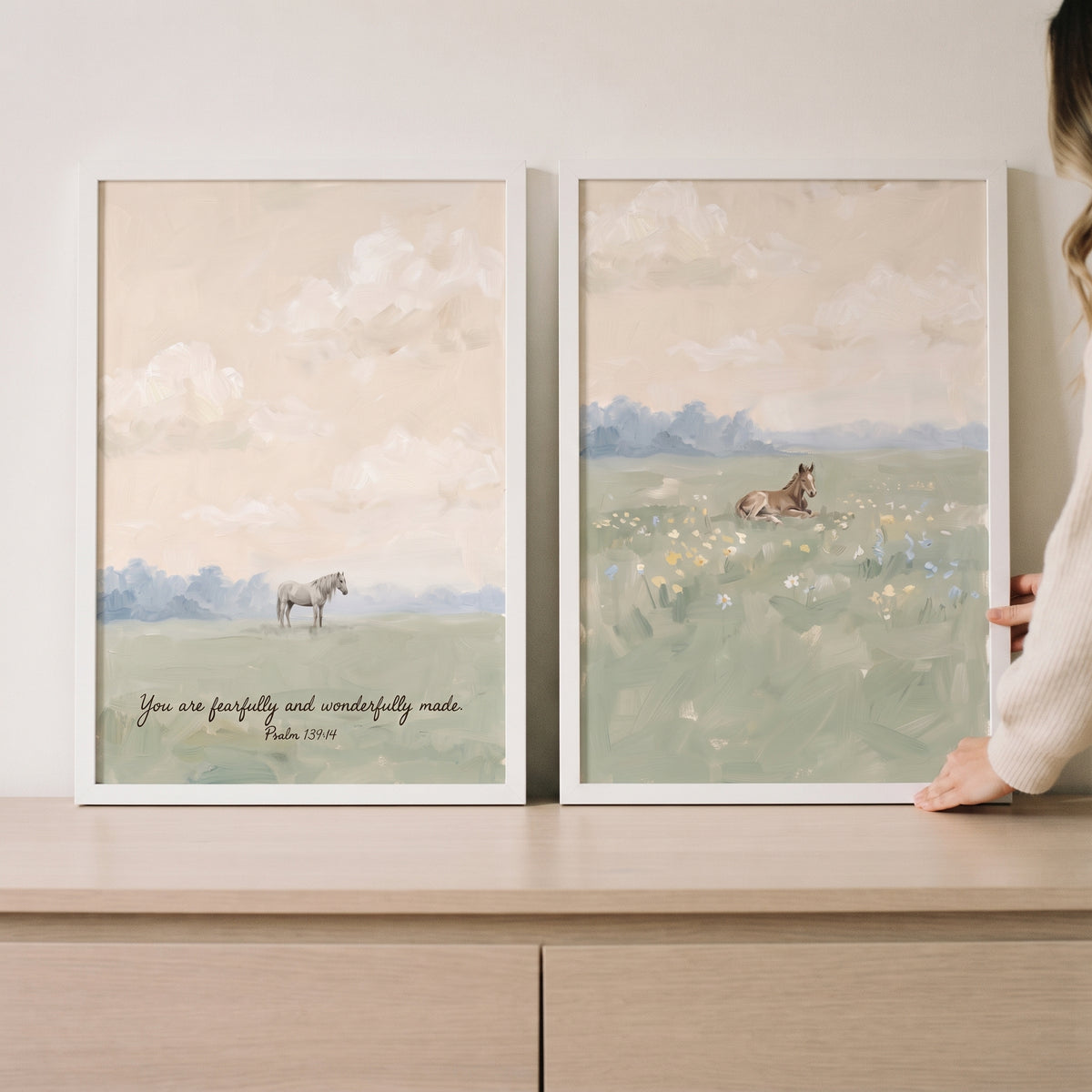Muted Apricot Field Horse Wall Art Set of 2 - Peaceful Psalm Horses