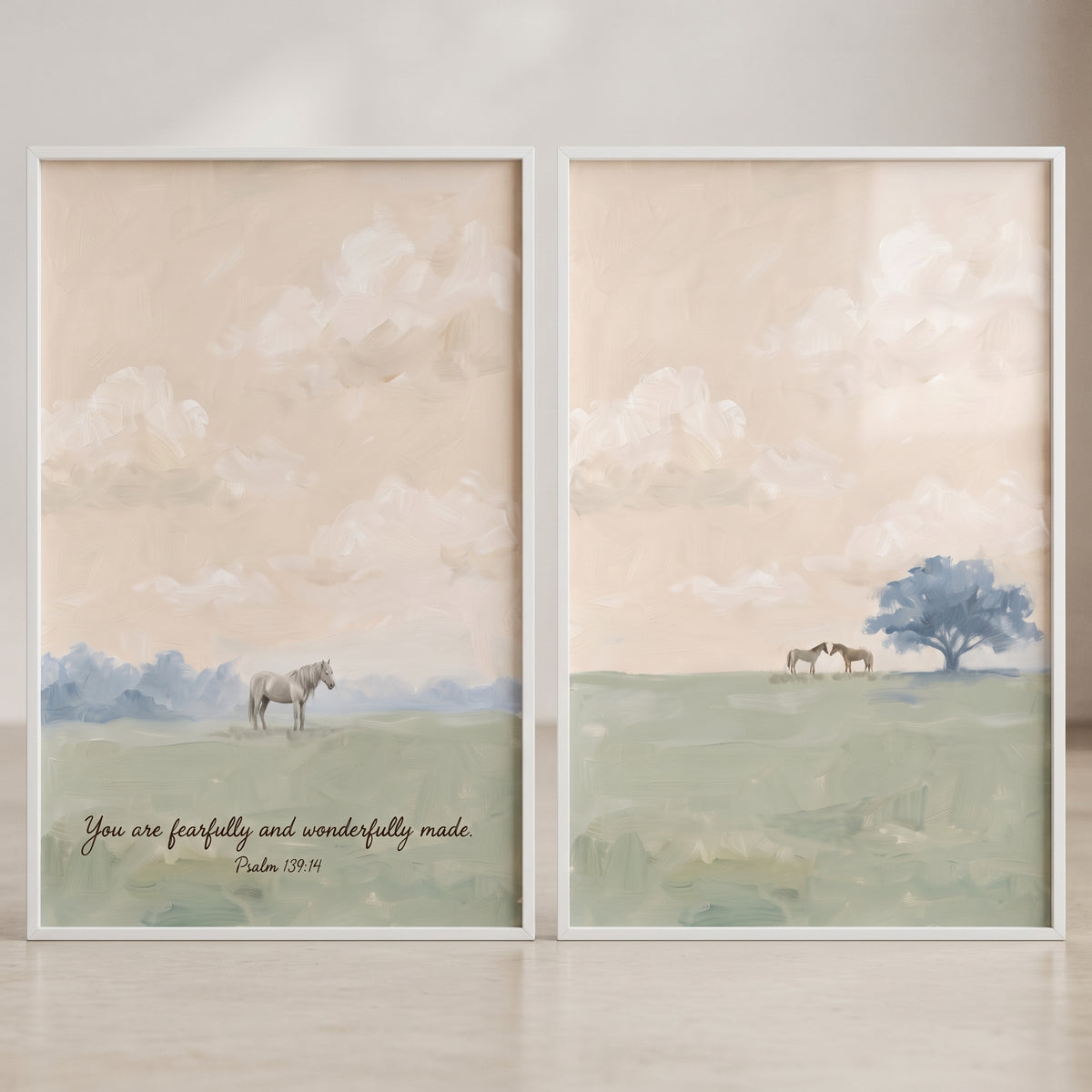 Muted apricot meadow horse wall art set of 2 showing horses in fields with scripture verse Psalm 139:14.
