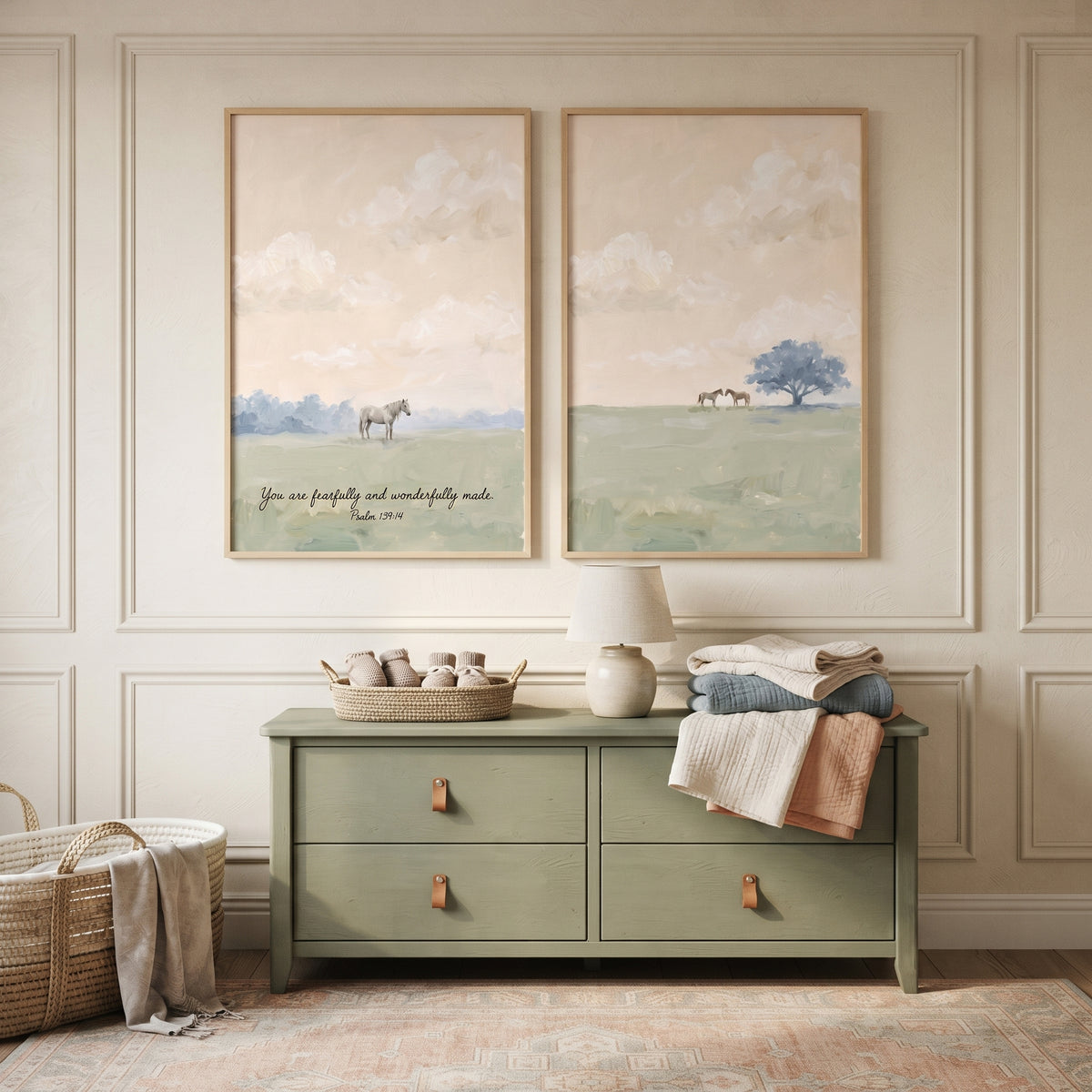 Muted Apricot Meadow Horse Wall Art Set of 2 - Wonderfully Made Horizon