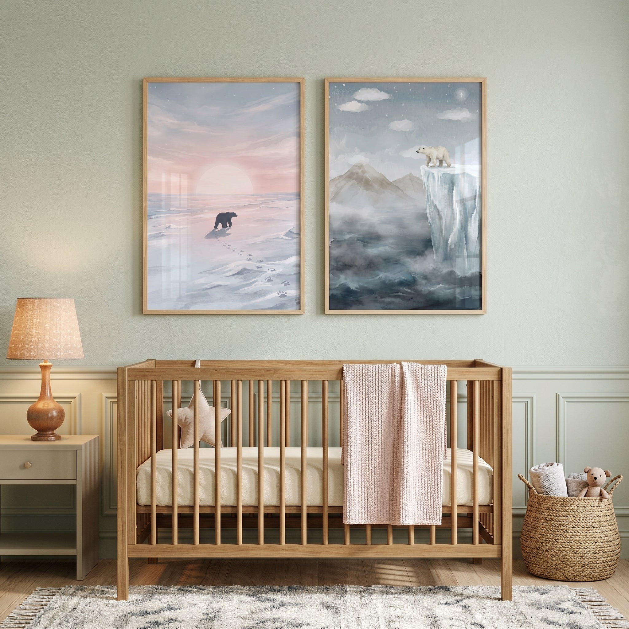 Muted Arctic Polar Bear Wall Art Set of 2 - Arctic Bear Horizon