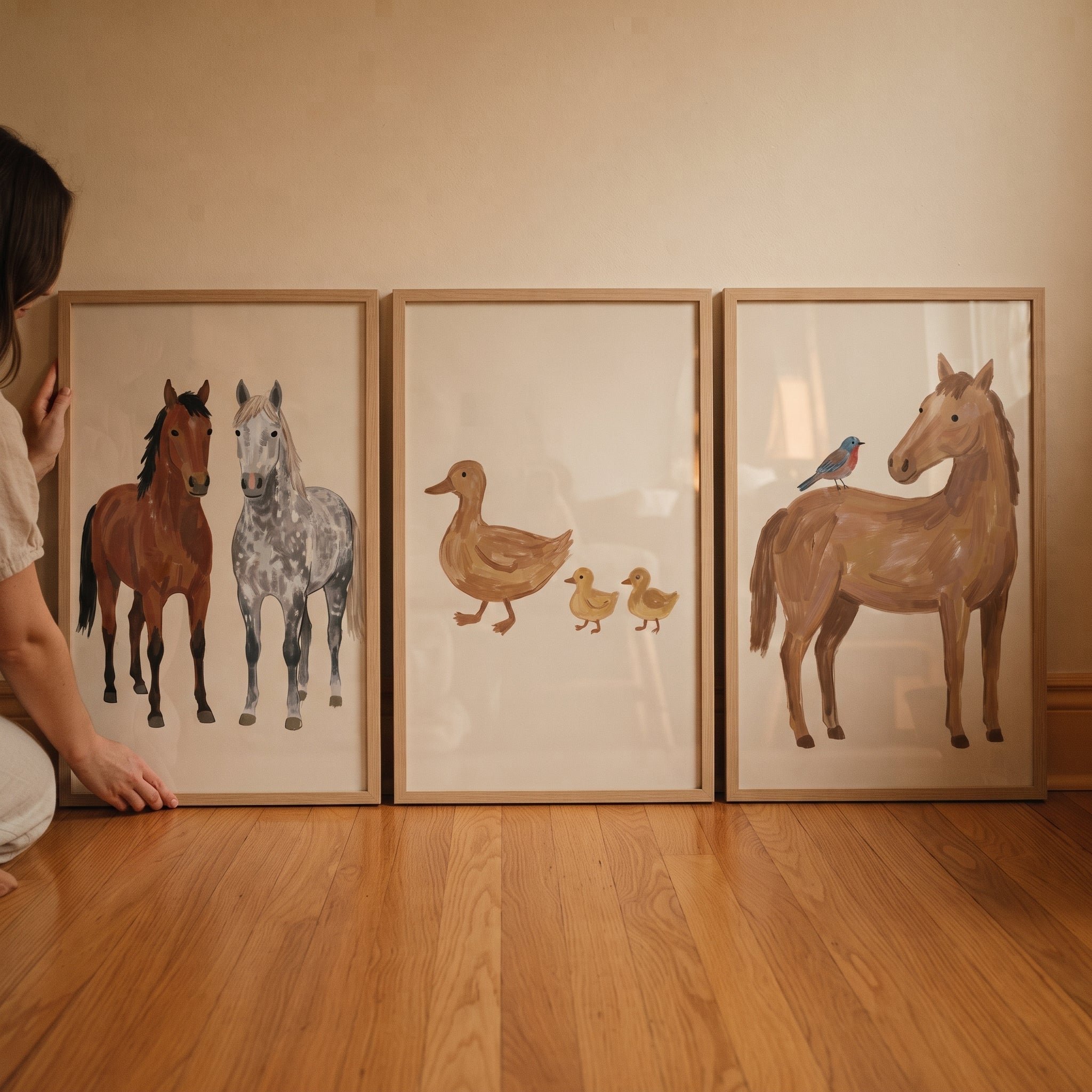 Muted Beige Farm Animals Wall Art Set of 3 - Gentle Meadow Life