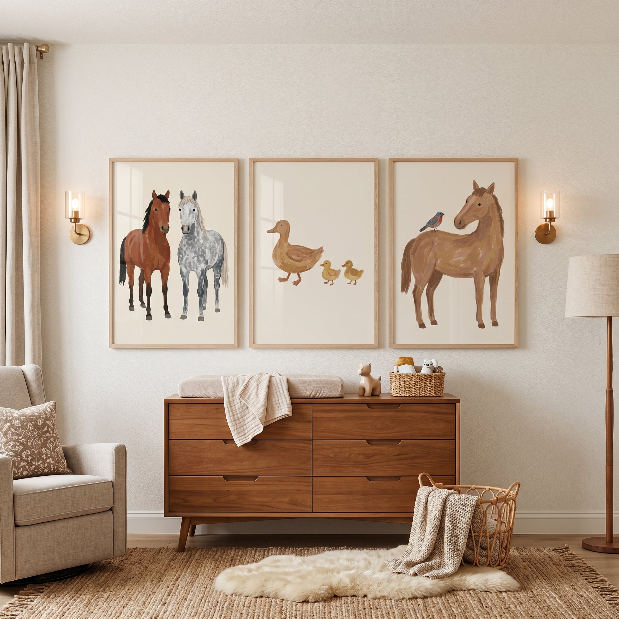 Muted Beige Farm Animals Wall Art Set of 3 - Gentle Meadow Life