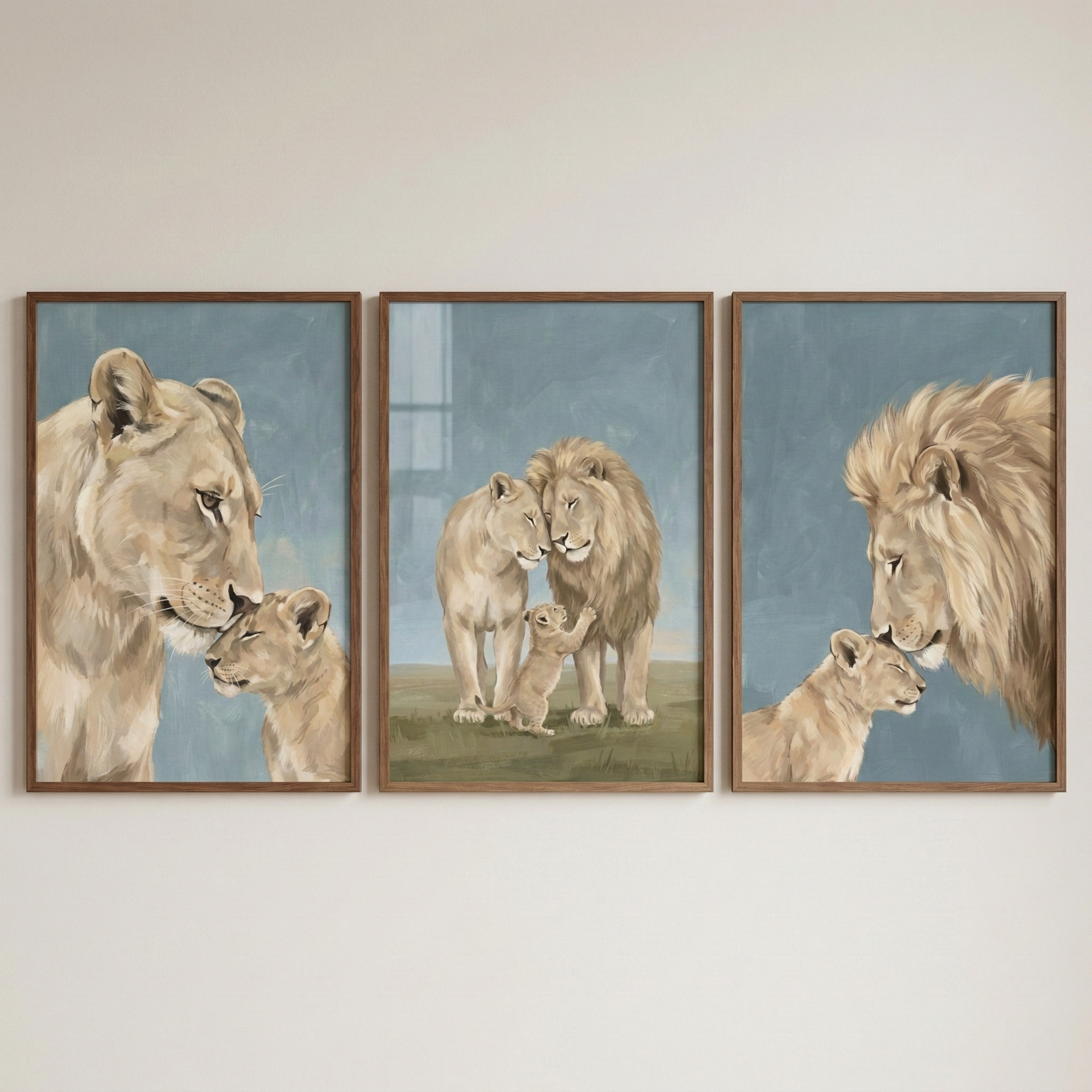 Muted Beige Lion Family Wall Art Set of 3 - Gentle Lion Pride