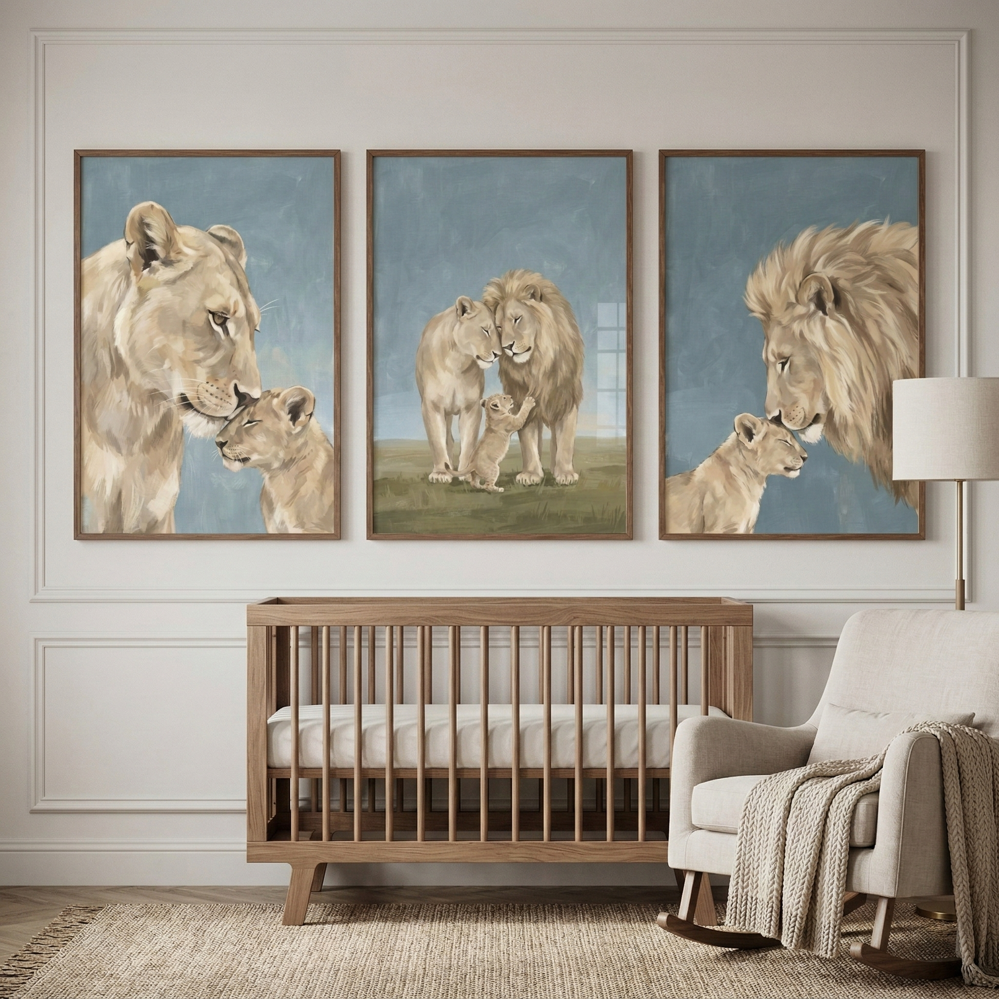 Muted Beige Lion Family Wall Art Set of 3 - Gentle Lion Pride