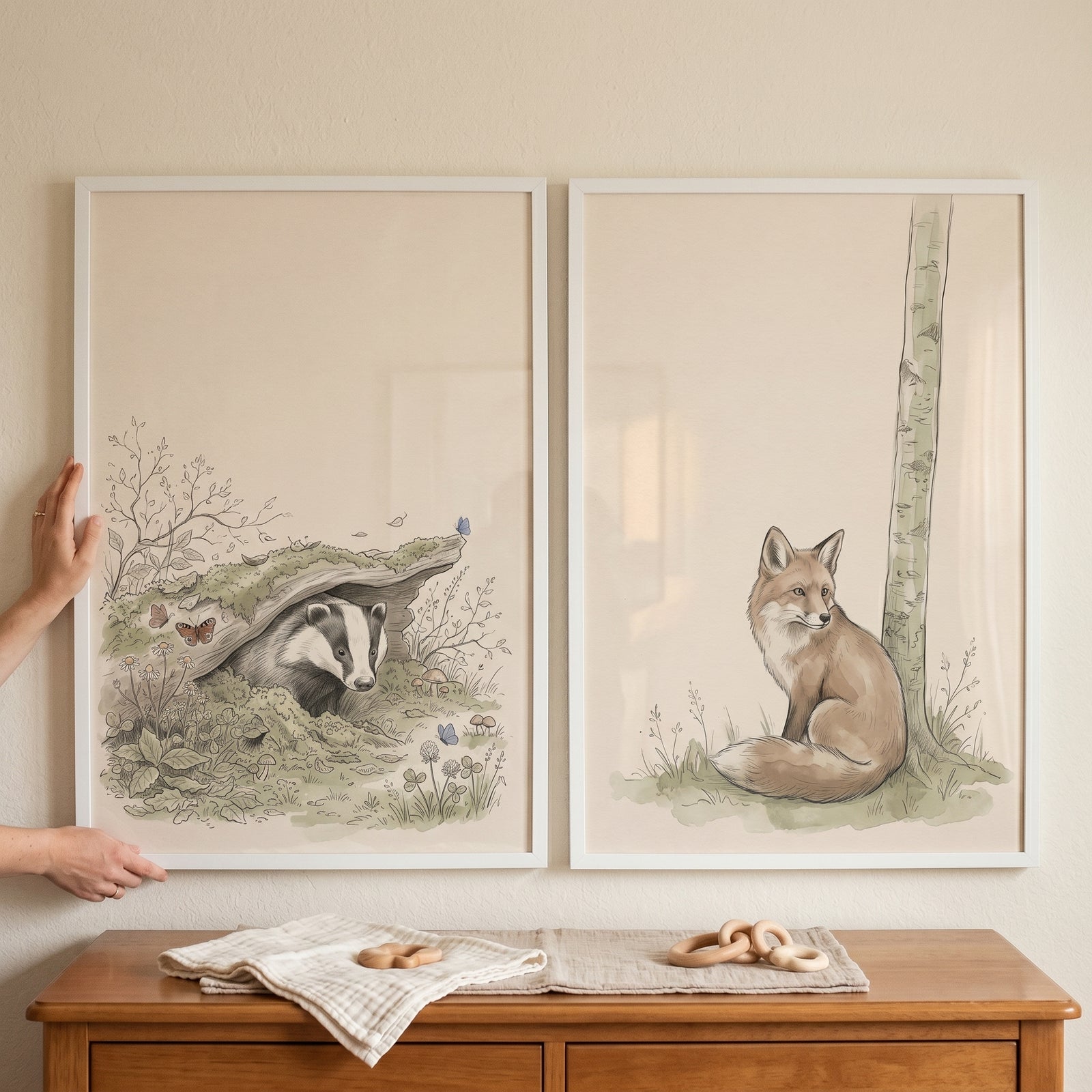 Muted beige woodland animals wall art set of 2 featuring a badger and a fox in white frames above a wooden dresser.