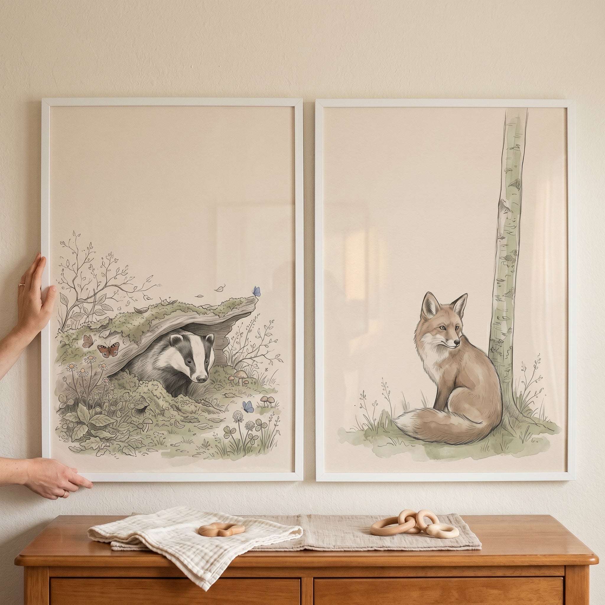 Muted Beige Woodland Animals Wall Art Set Of 2 - Woodland Animal Duo
