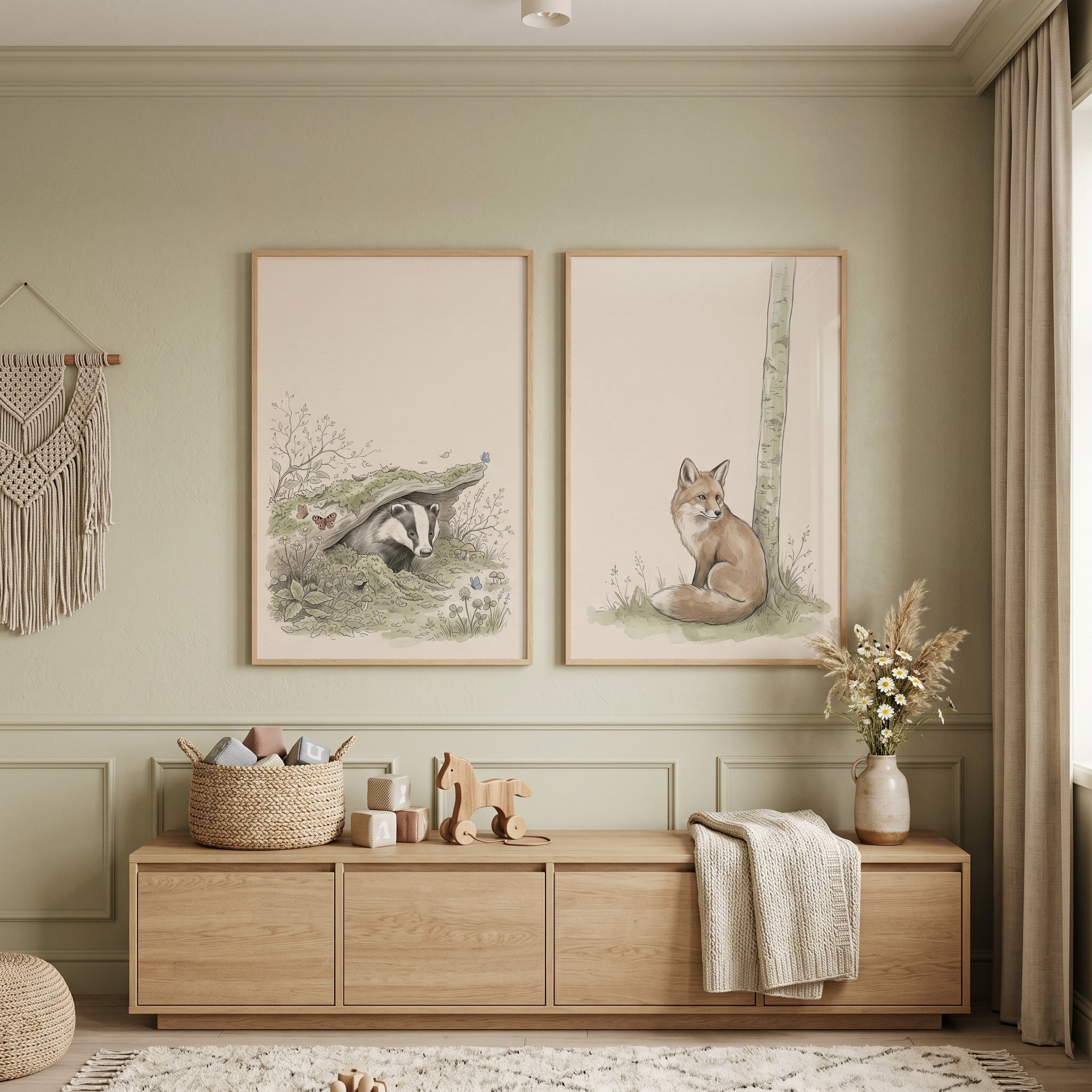 Muted Beige Woodland Animals Wall Art Set Of 2 - Woodland Animal Duo