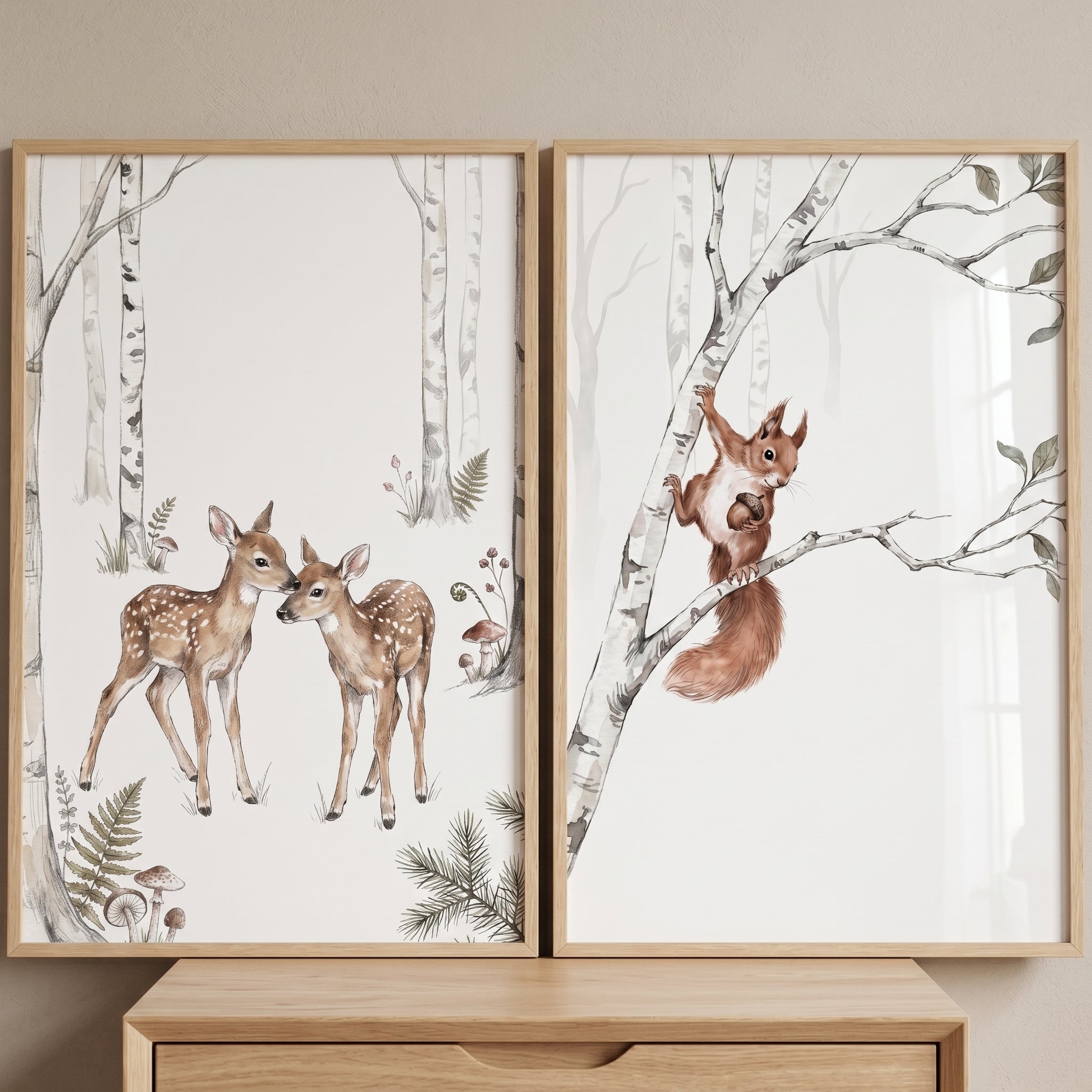 Muted Birch Forest Animals Wall Art Set of 2 - Birch Forest Friends