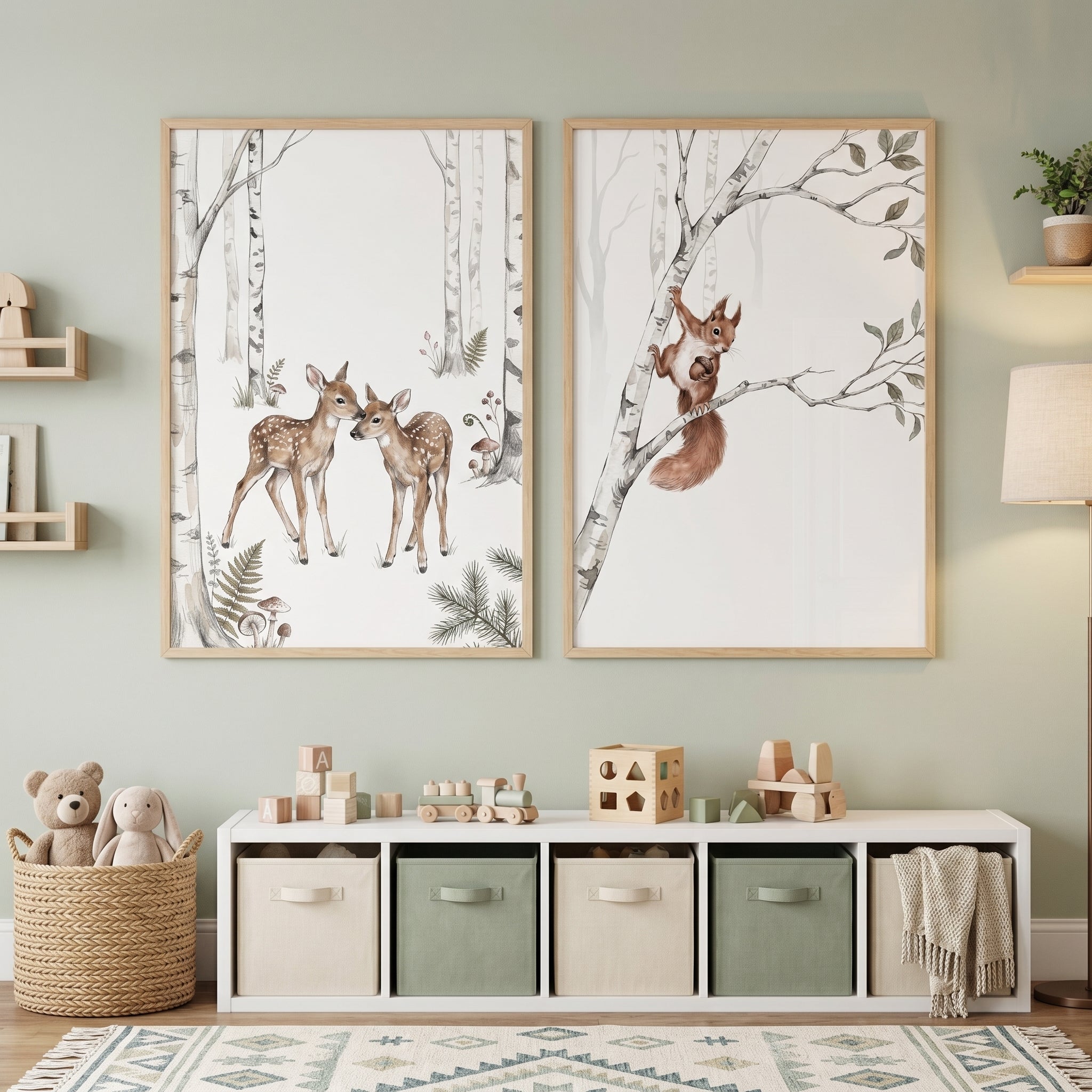 Muted Birch Forest Animals Wall Art Set of 2 - Birch Forest Friends