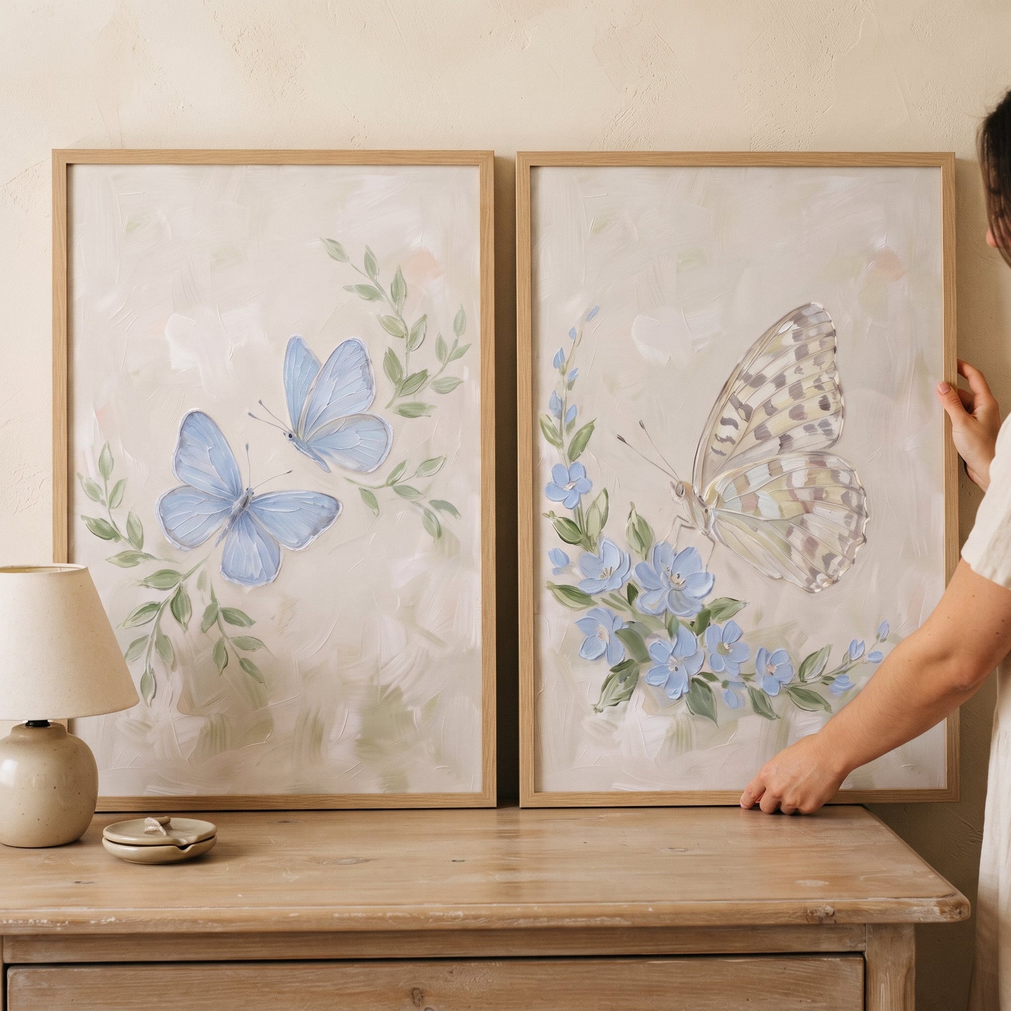 Muted Blue Garden Butterfly Artwork Set of 2 - Serene Garden Wings