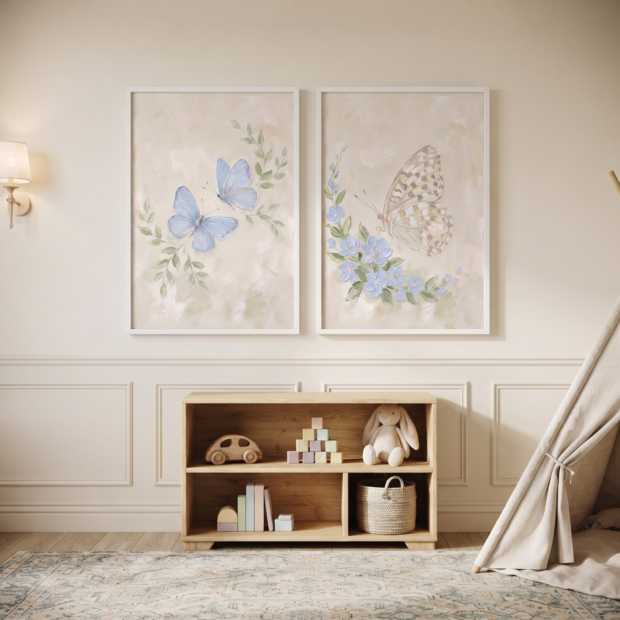 Muted Blue Garden Butterfly Artwork Set of 2 - Serene Garden Wings
