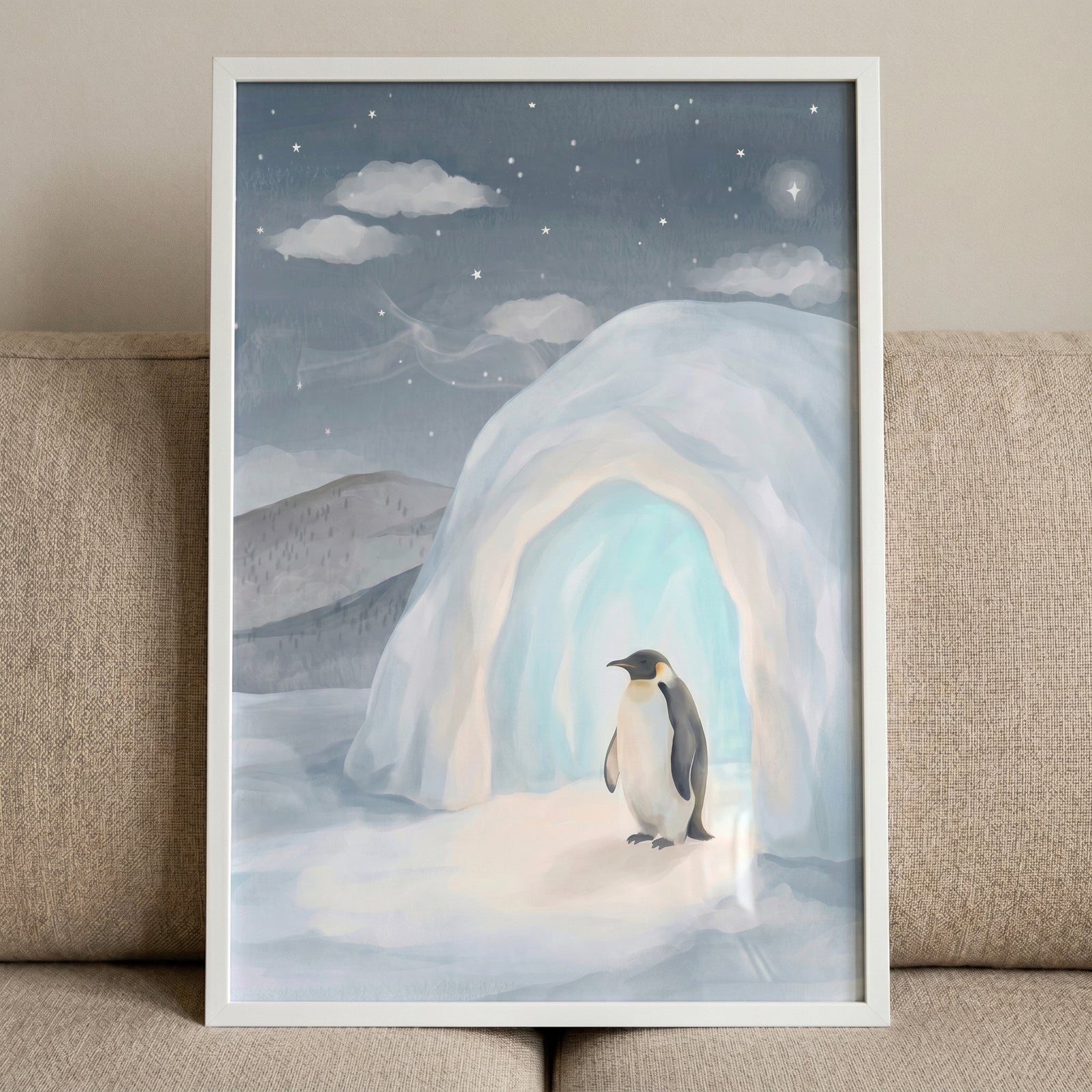 Muted blue igloo penguin wall art featuring a penguin standing at an igloo entrance under a starry night sky.