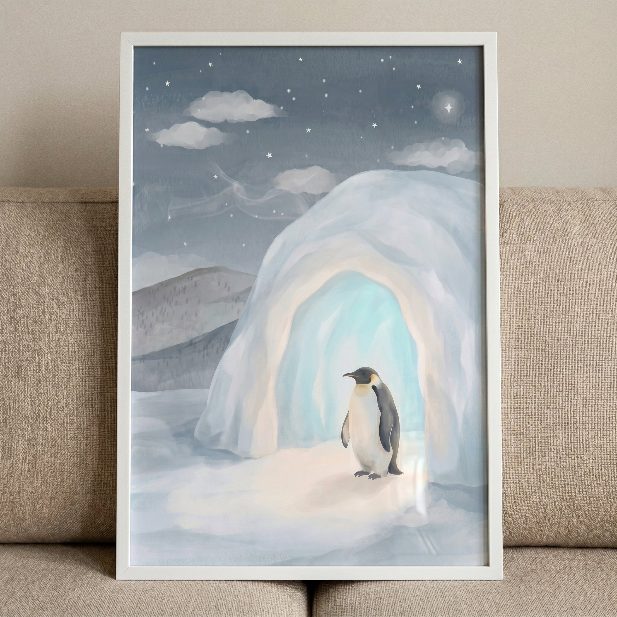 Muted Blue Igloo Penguin Wall Art - Starlit Ice Cave