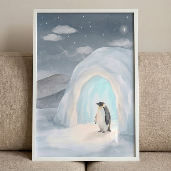 Muted blue igloo penguin wall art featuring a penguin standing at an igloo entrance under a starry night sky.