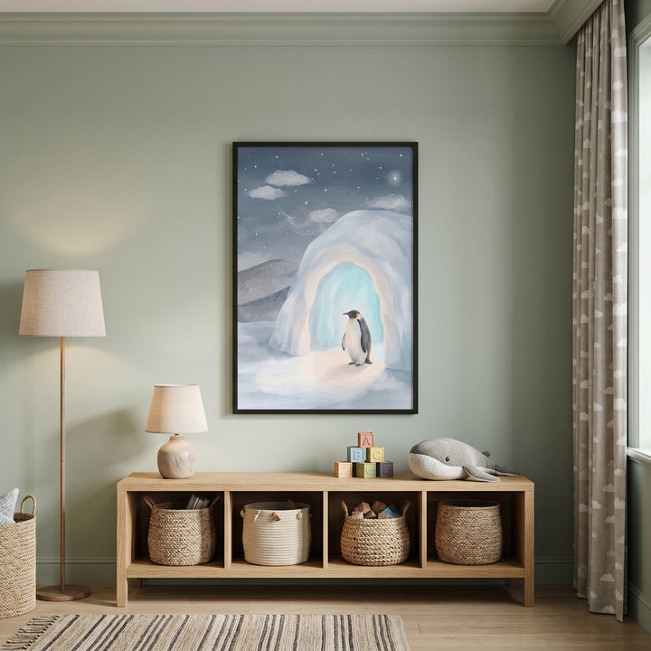 Muted blue igloo penguin wall art hangs in a green nursery above a wooden shelf with baskets and a plush whale toy.