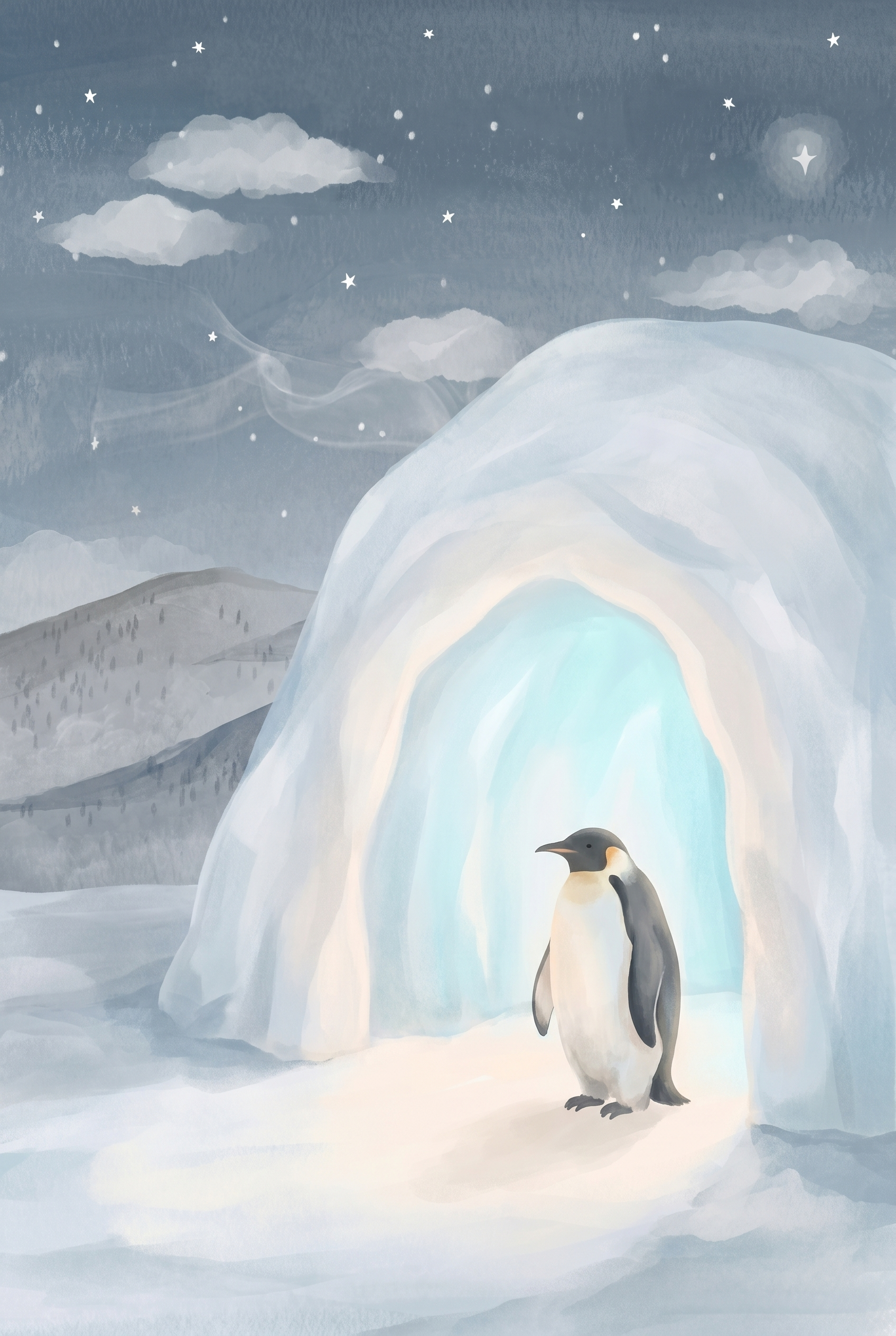 Muted Blue Igloo Penguin Wall Art - Starlit Ice Cave