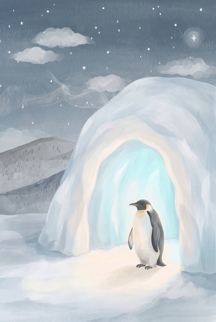 An emperor penguin stands at the entrance of a glowing igloo under a starry sky in muted blue igloo penguin wall art.