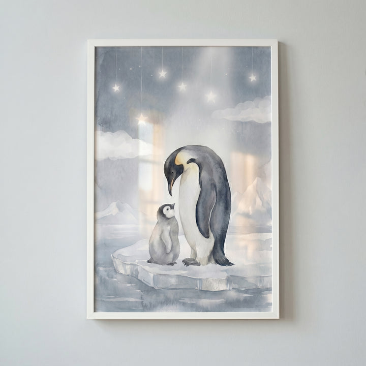 Muted blue nursery penguin wall art featuring an adult and baby penguin on an ice floe under clouds and hanging stars.