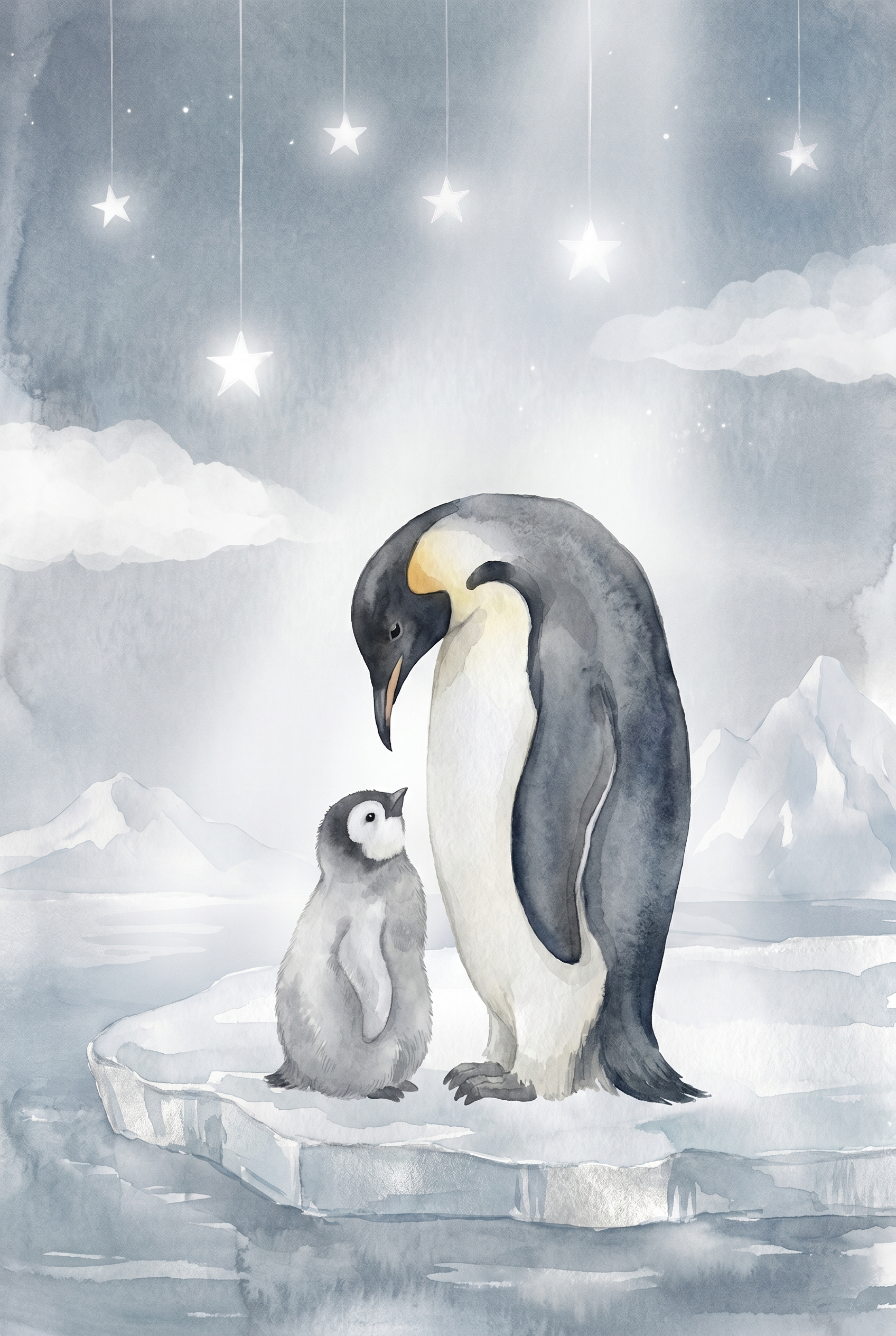 Muted Blue Nursery Penguin Wall Art - Starry Arctic Night