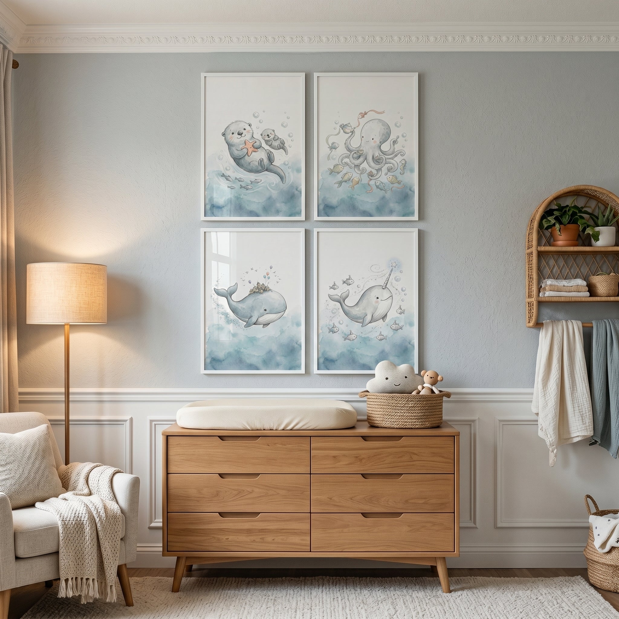 Muted Blue Ocean Animal Wall Art Set of 4 - Gentle Ocean Dreams