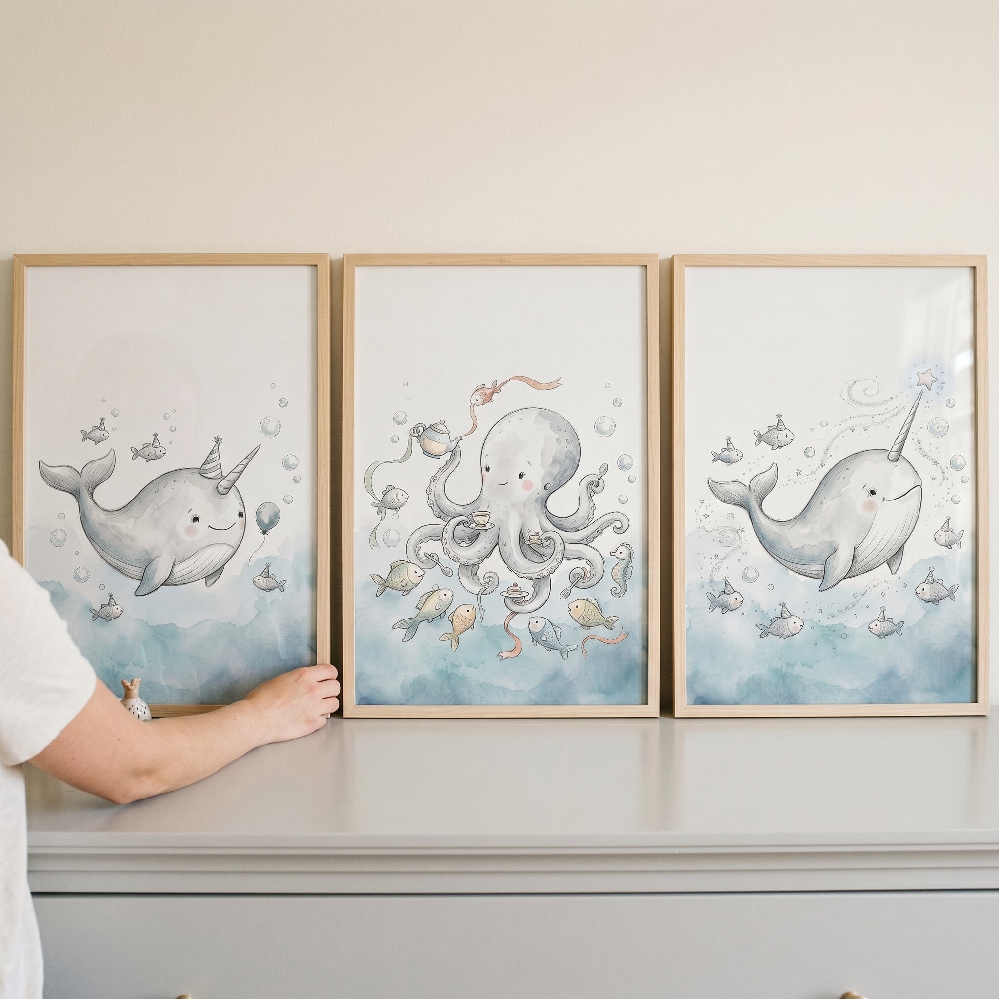 Muted Blue Sea Creature Wall Art Set Of 3 - Whimsical Sea Celebration