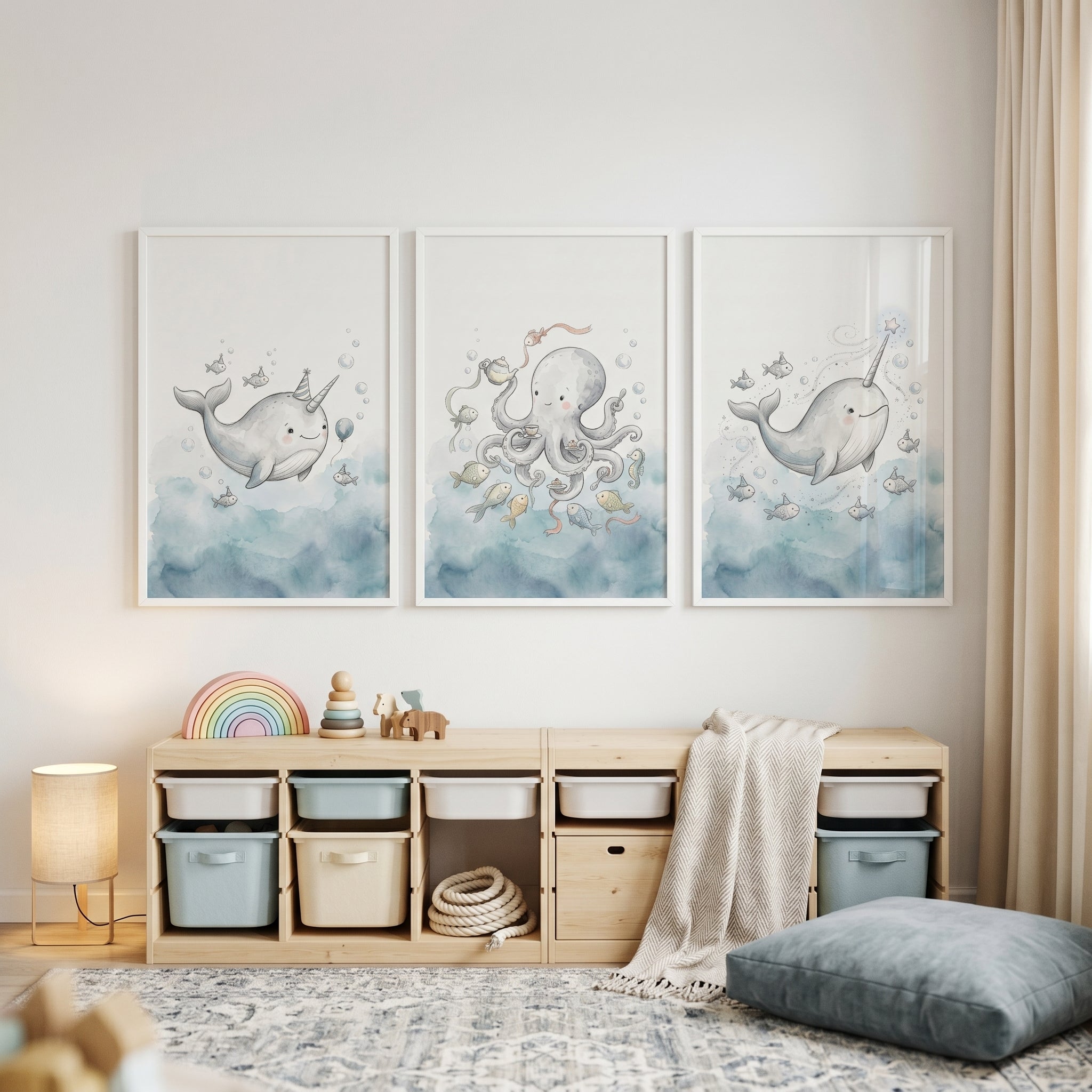 Muted Blue Sea Creature Wall Art Set Of 3 - Whimsical Sea Celebration