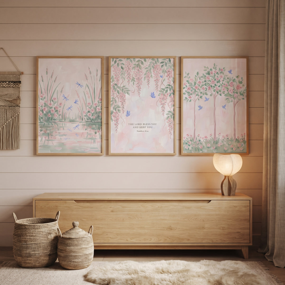 Muted Blush Botanical Garden Wall Art Set Of 3 - Peaceful Nature Blessing