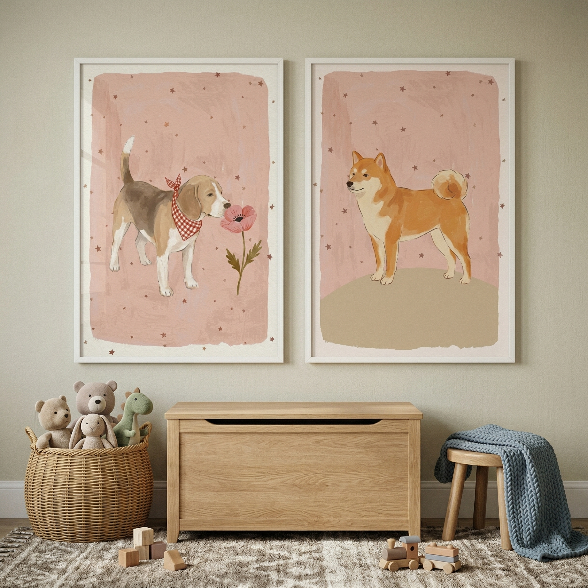 Muted Blush Celestial Dog Wall Art Set of 2 - Sweet Dog Duo