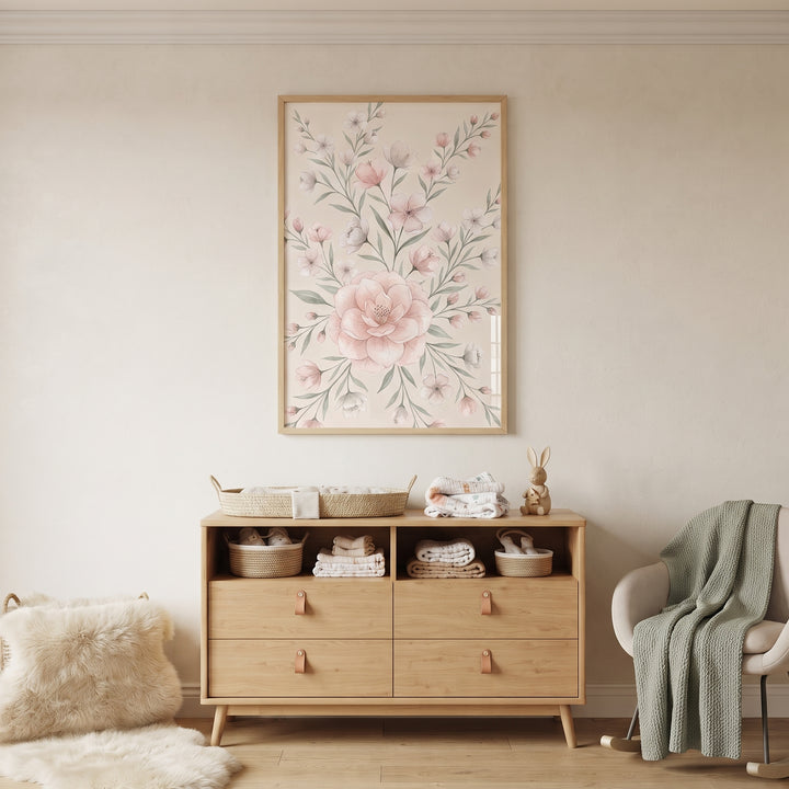 Muted blush watercolor floral wall art hangs above a wood dresser in a soft nursery with a rocking chair and rug.