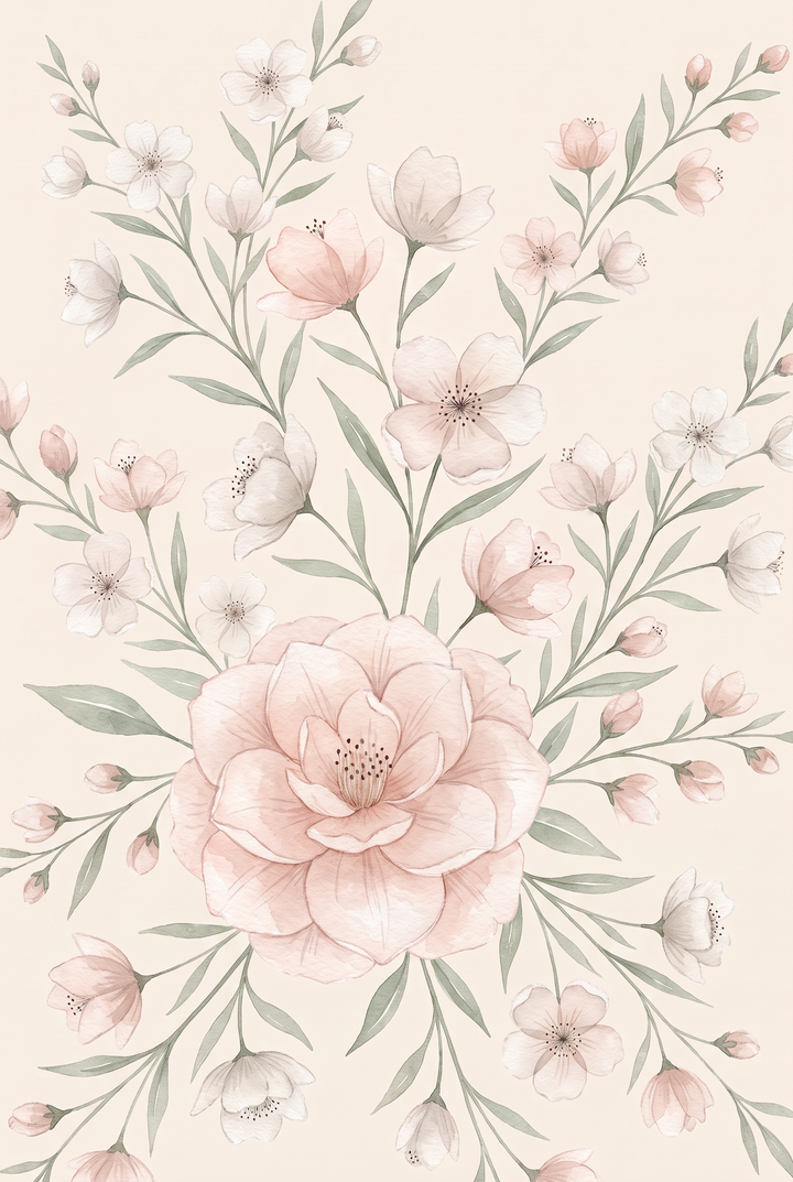 Muted blush watercolor floral wall art with a large central blossom, delicate pink sprigs, and soft green leaves.