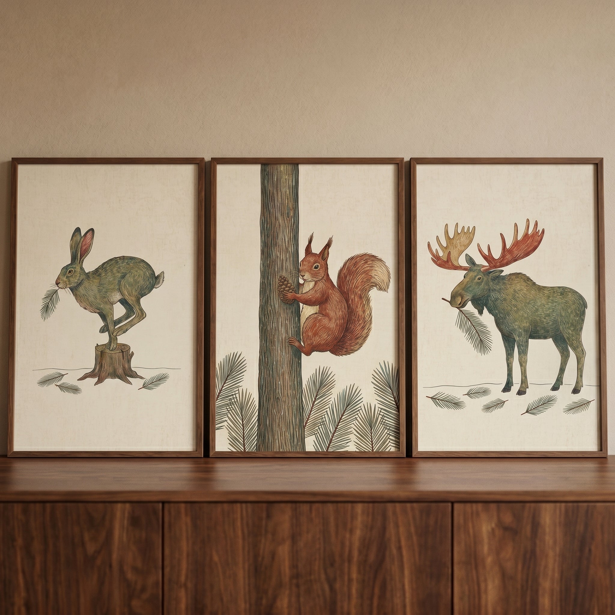 Muted Botanical Forest Animals Wall Art Set of 3 - Woodland Animal Trio