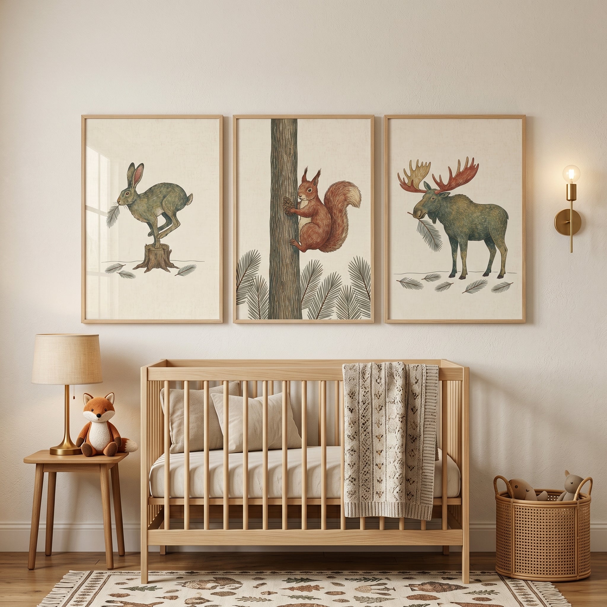 Muted Botanical Forest Animals Wall Art Set of 3 - Woodland Animal Trio
