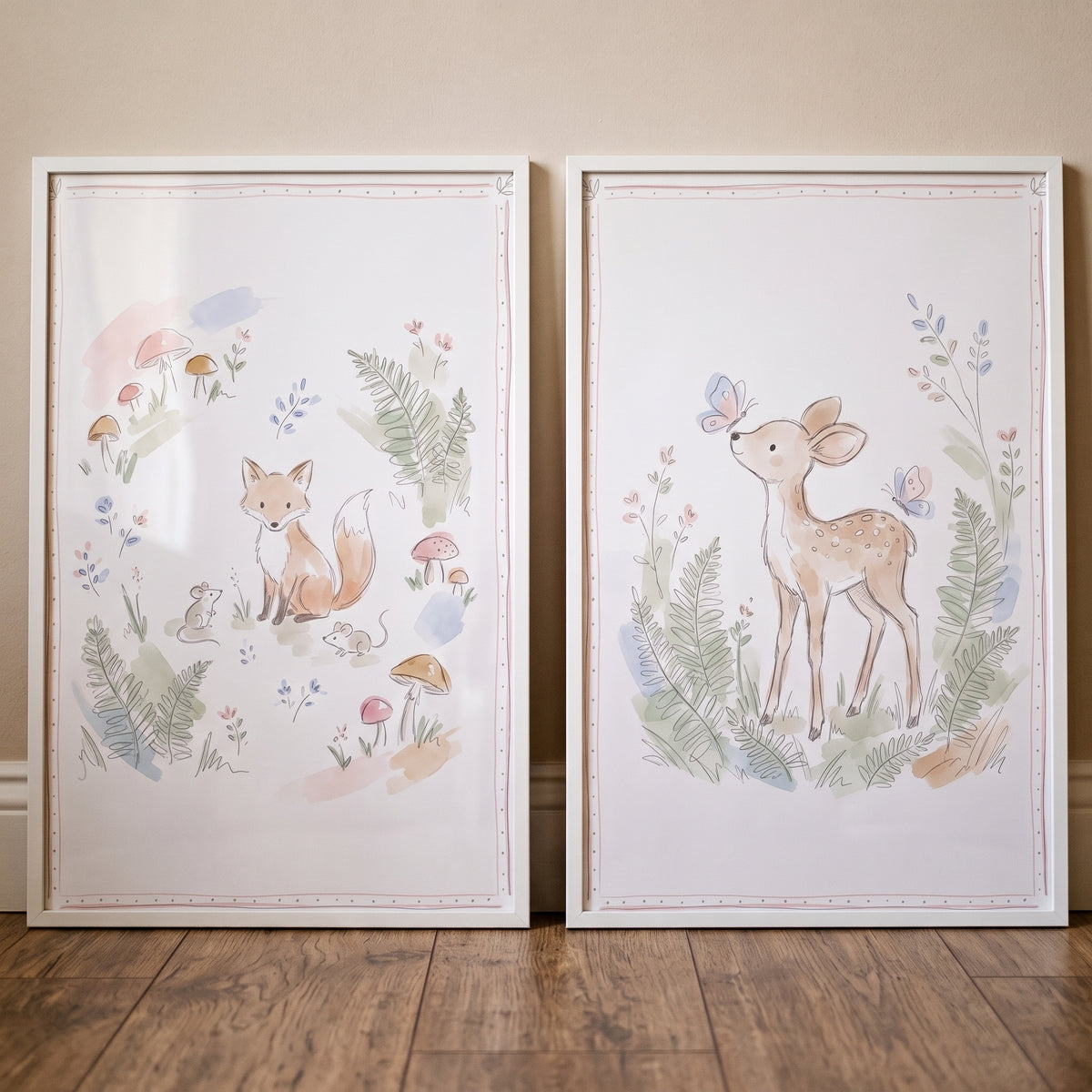Muted Botanical Forest Creature Artwork Set of 2 - Soft Woodland Friends