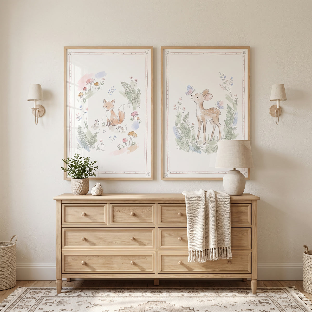 Muted Botanical Forest Creature Artwork Set of 2 - Soft Woodland Friends