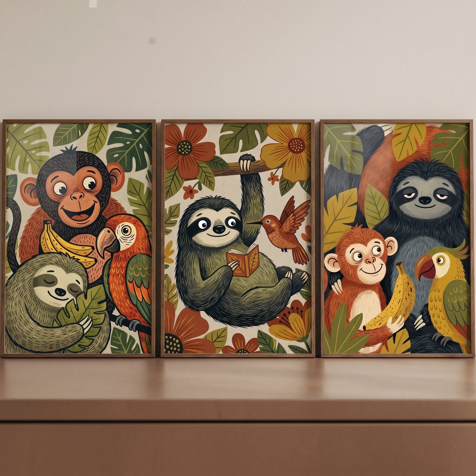 Muted botanical jungle animals wall art set of 3 features sloths, monkeys, birds, and parrots among tropical foliage.