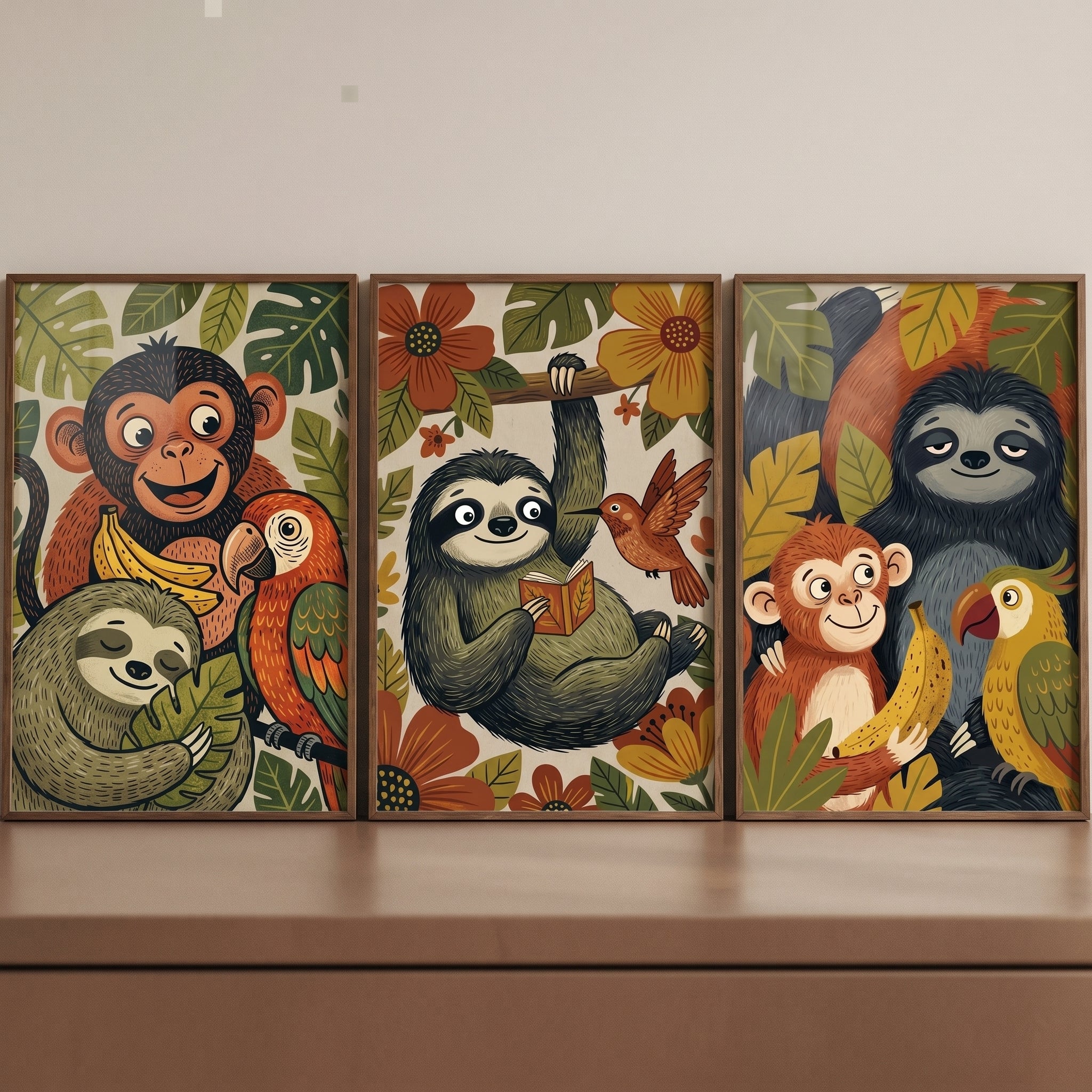 Muted Botanical Jungle Animals Wall Art Set of 3 - Happy Rainforest Pals