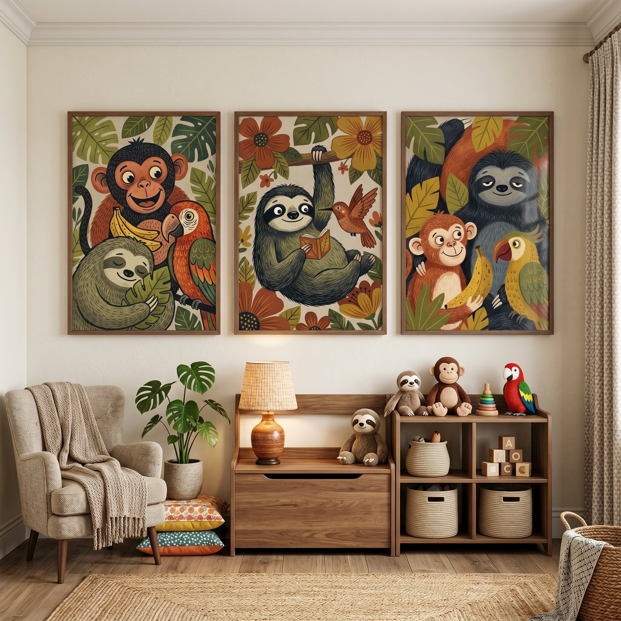 Muted Botanical Jungle Animals Wall Art Set of 3 - Happy Rainforest Pals