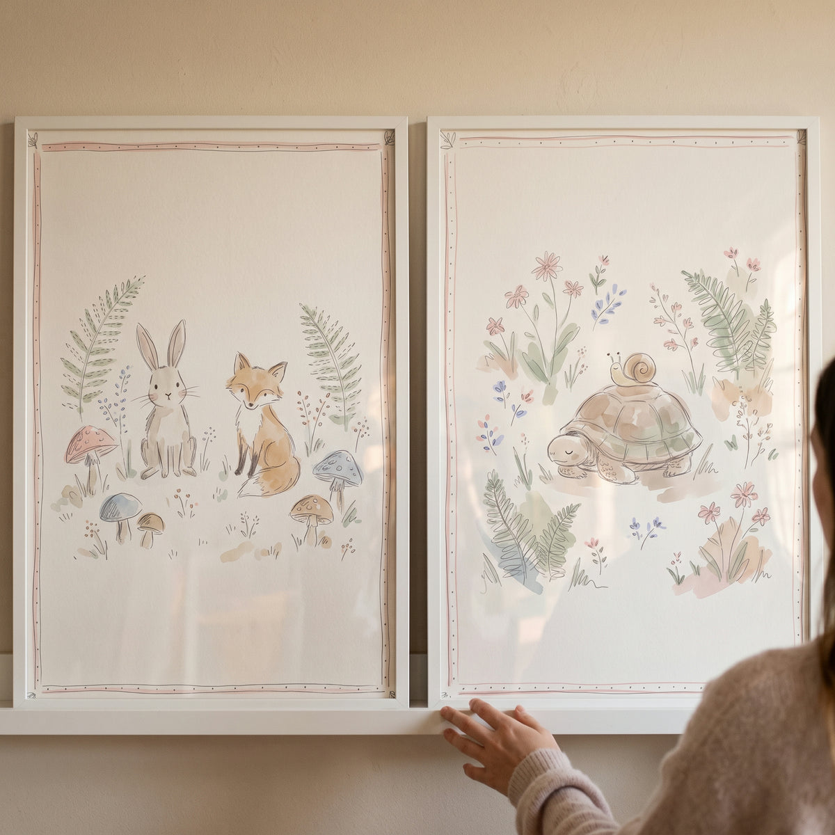 Muted botanical woodland animal wall art set of 2 featuring a rabbit, fox, and turtle with a snail on its shell.
