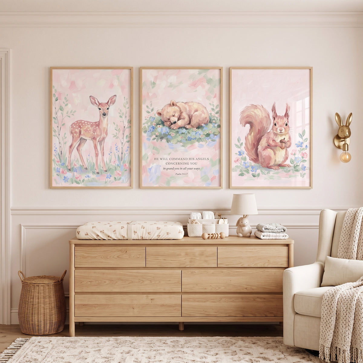 Muted Botanical Woodland Animals Wall Art Set of 3 - Guardian Forest Friends
