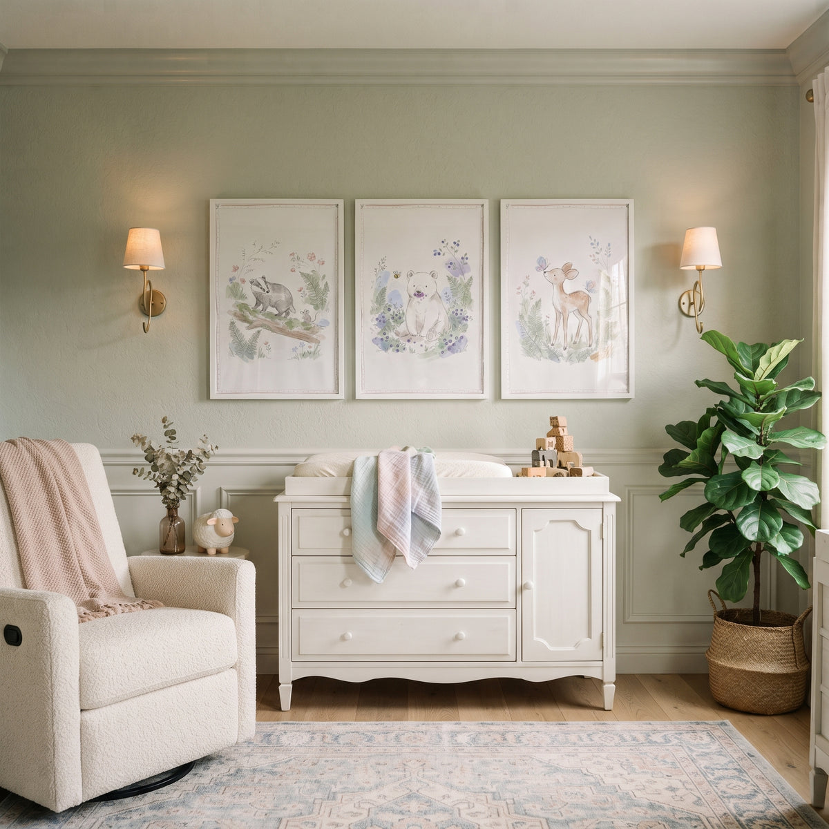 Muted Botanical Woodland Creatures Artwork Set of 3 - Gentle Nature Art